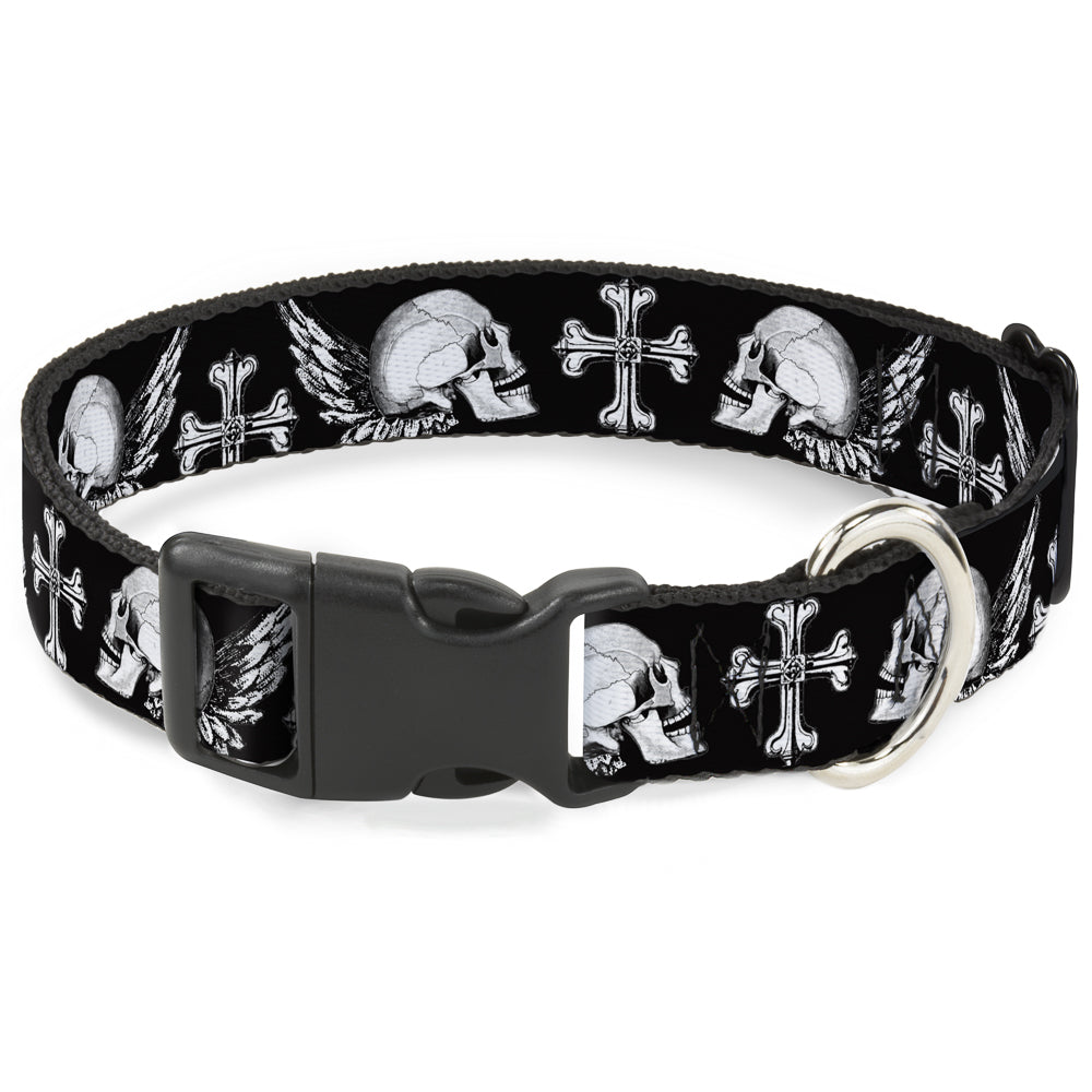 Plastic Clip Collar - BD Skulls w/Wings Black/White Plastic Clip Collars Buckle-Down