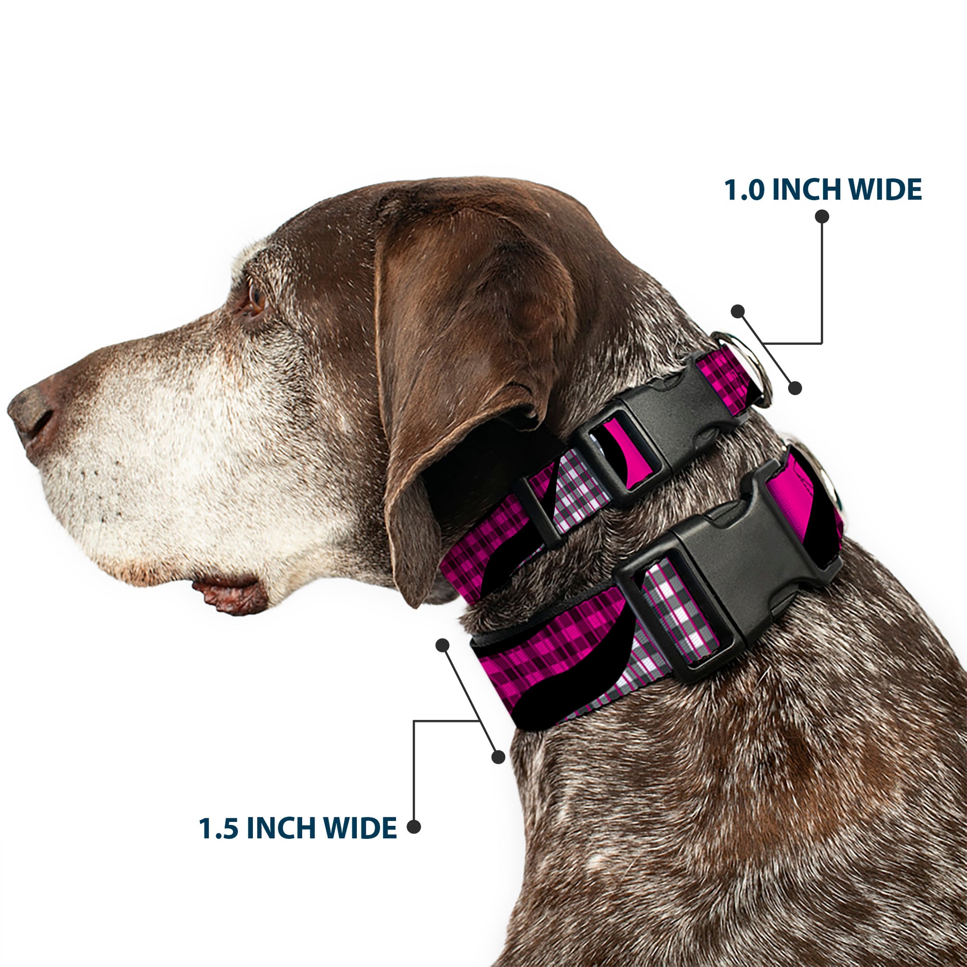 Plastic Clip Collar - Buffalo Plaid Abstract White/Black/Fuchsia Plastic Clip Collars Buckle-Down