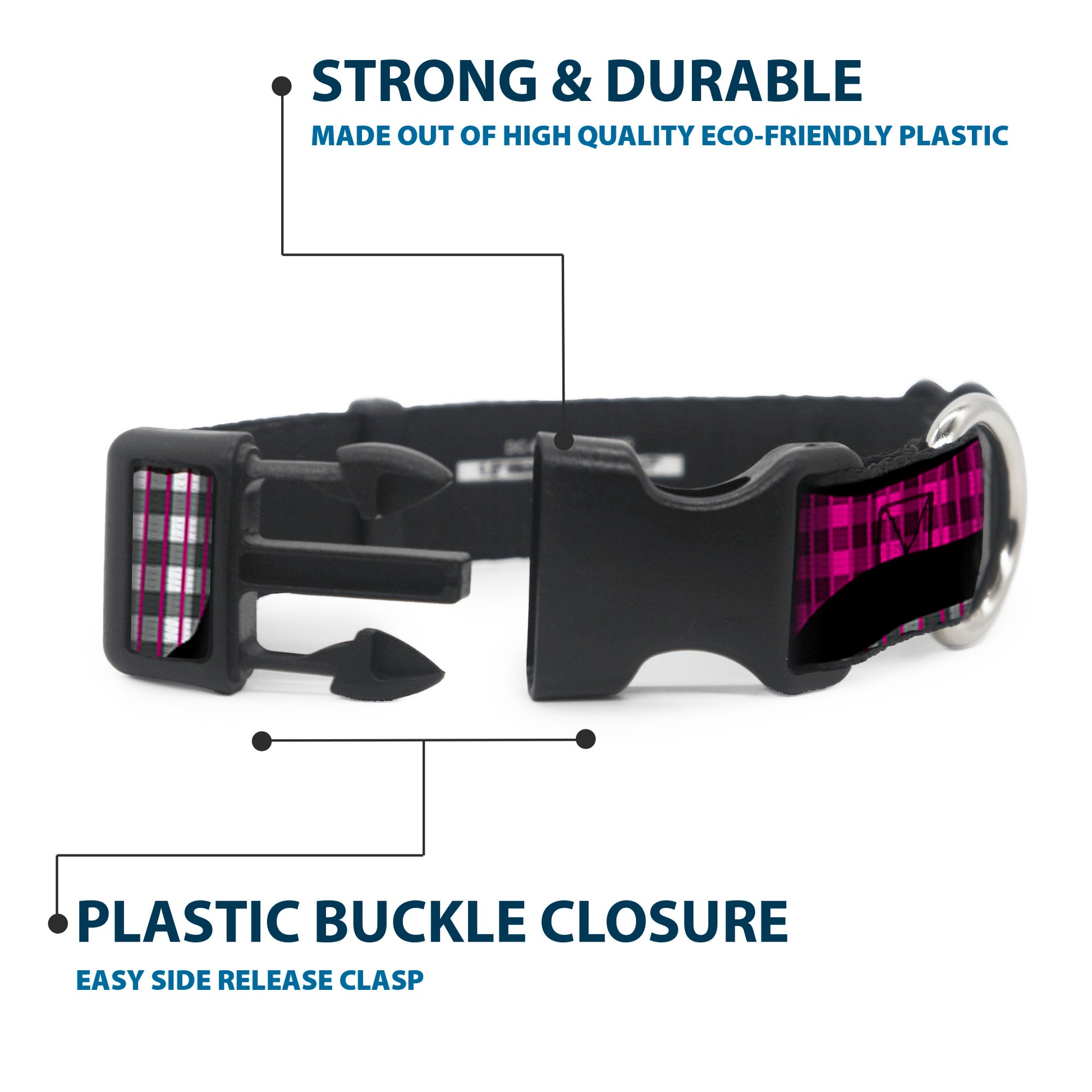 Plastic Clip Collar - Buffalo Plaid Abstract White/Black/Fuchsia Plastic Clip Collars Buckle-Down