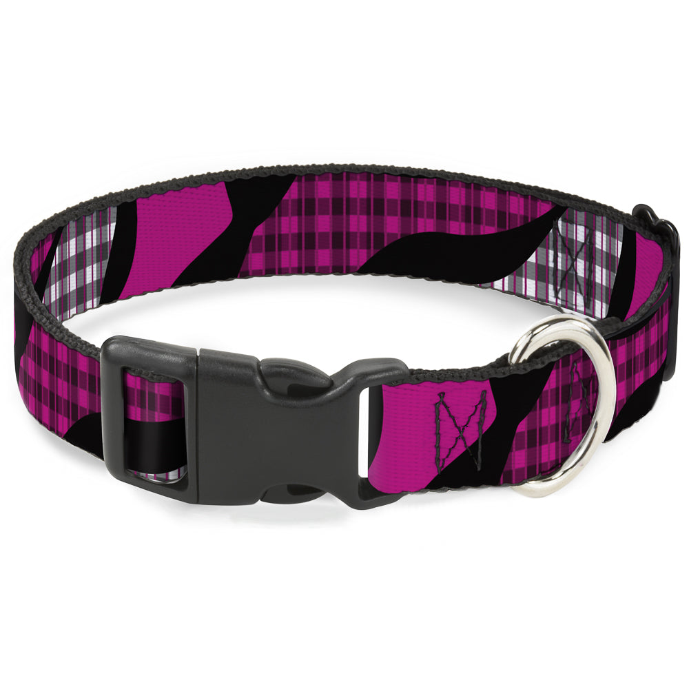 Plastic Clip Collar - Buffalo Plaid Abstract White/Black/Fuchsia Plastic Clip Collars Buckle-Down