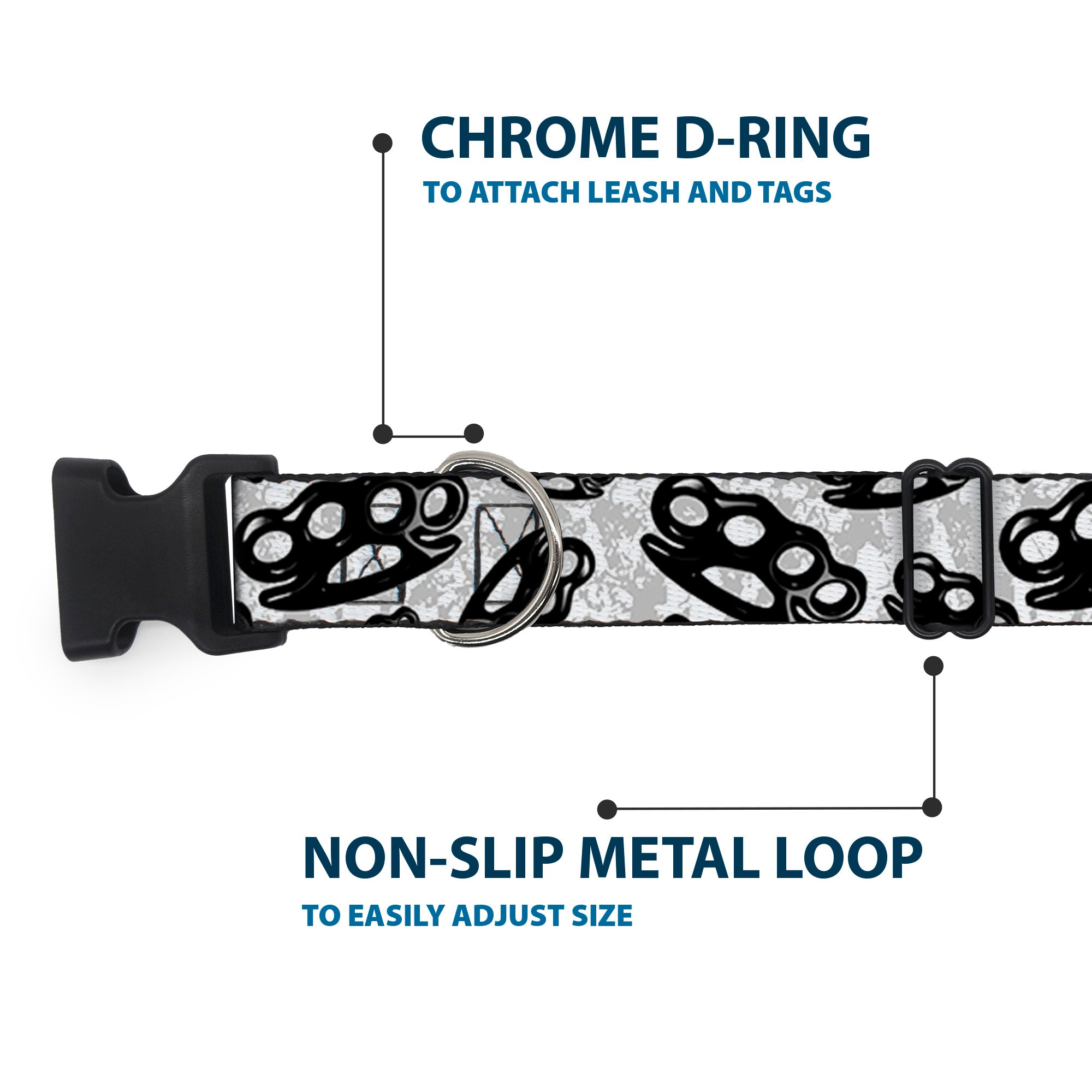 Buckle-Down Plastic Buckle Dog Collar - Brass Knuckles White/Gray/Black Plastic Clip Collars Buckle-Down