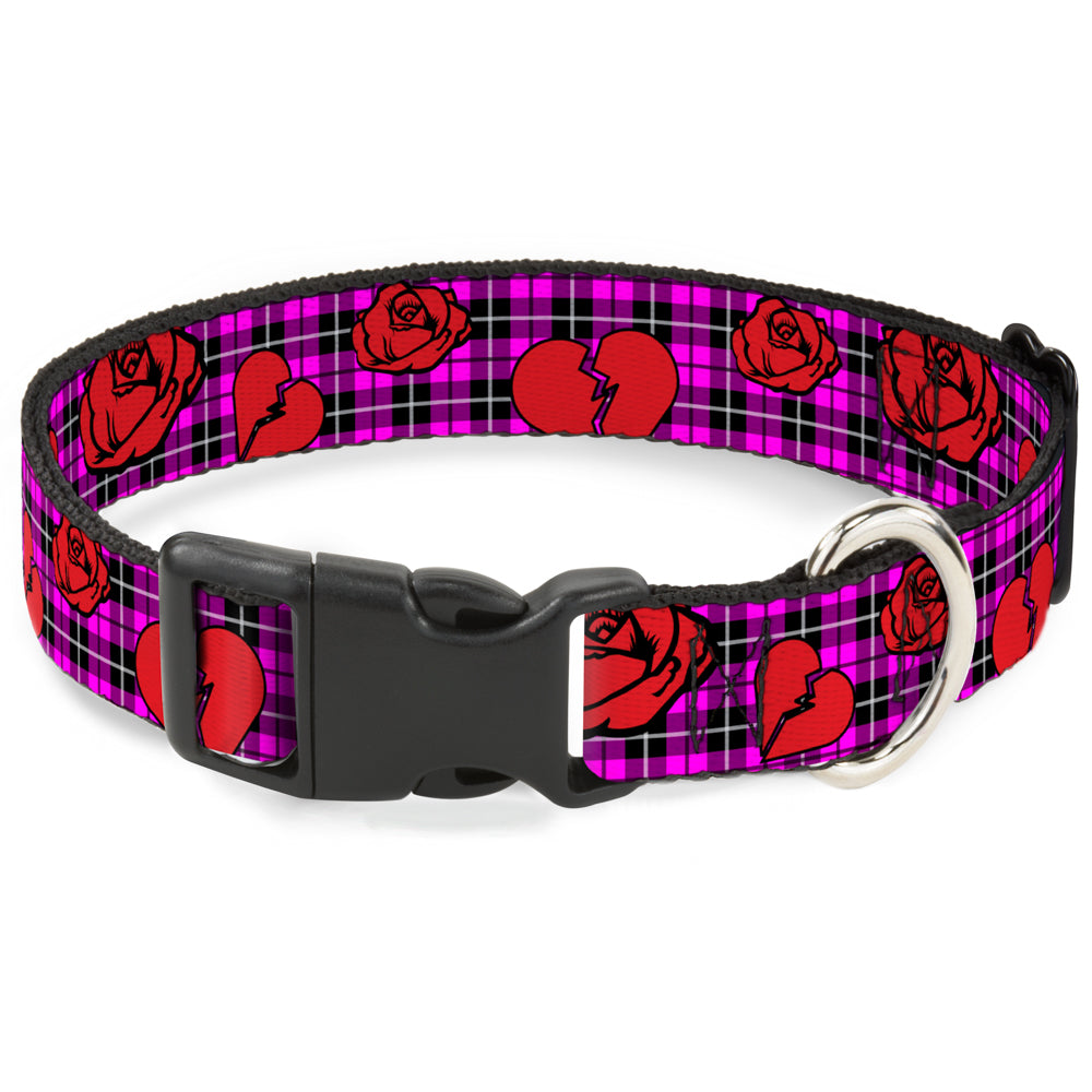 Plastic Clip Collar - Broken Hearts & Roses w/Fuchsia Plaid Plastic Clip Collars Buckle-Down