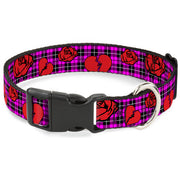 Plastic Clip Collar - Broken Hearts & Roses w/Fuchsia Plaid Plastic Clip Collars Buckle-Down