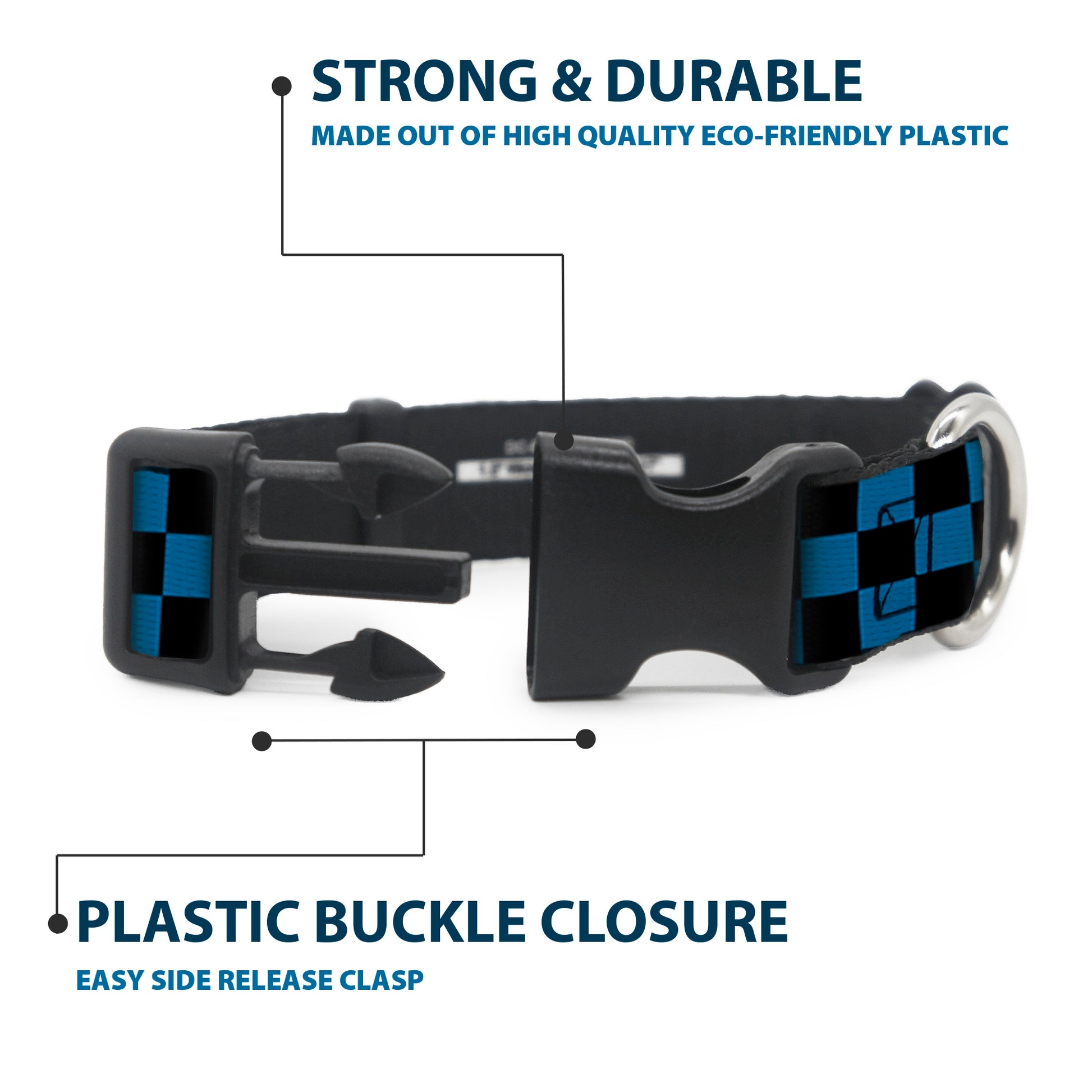 Buckle-Down Plastic Buckle Dog Collar - Checker Black/Turquoise Plastic Clip Collars Buckle-Down