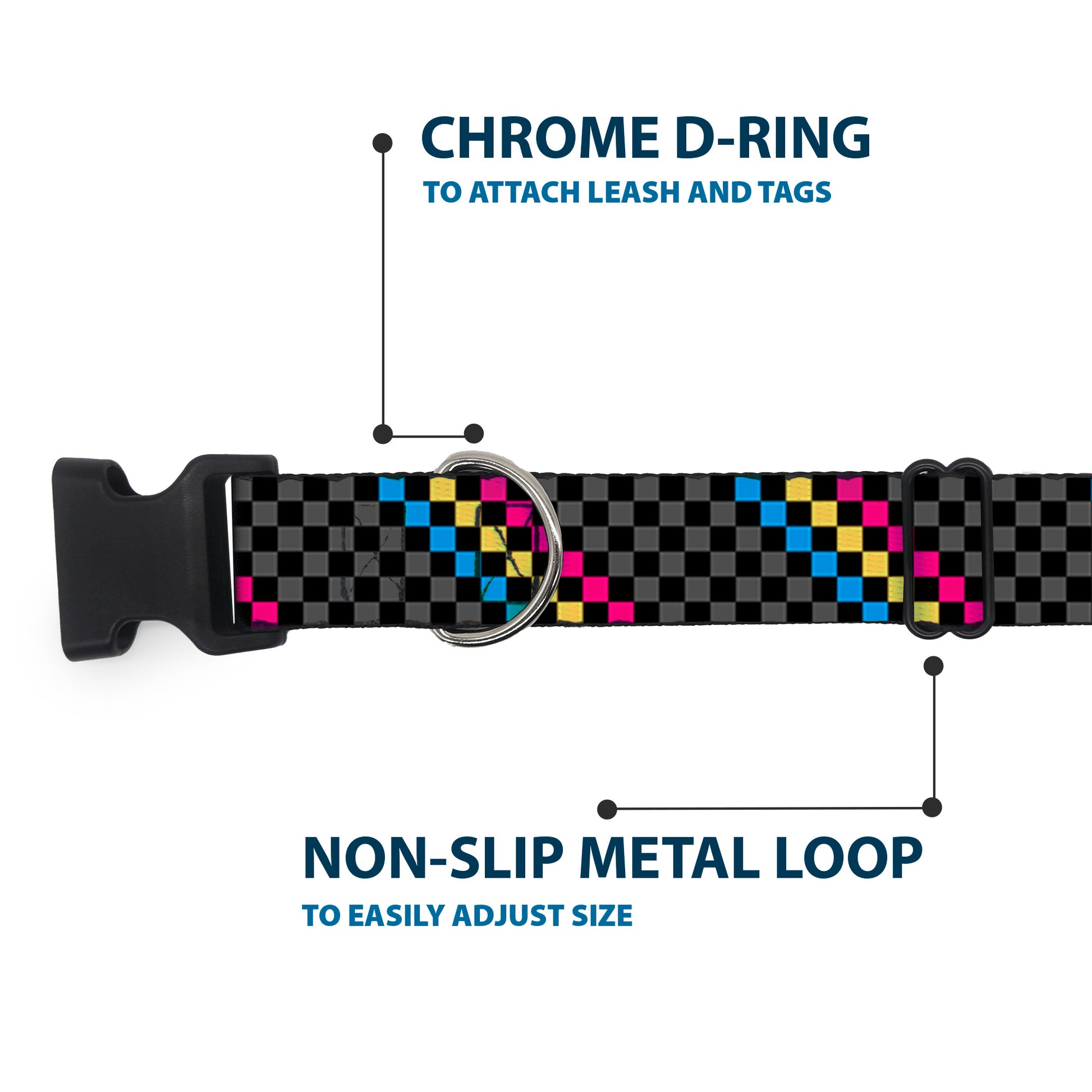 Plastic Clip Collar - Checker Stripe Black/Gray/Blue/Gold/Pink Plastic Clip Collars Buckle-Down