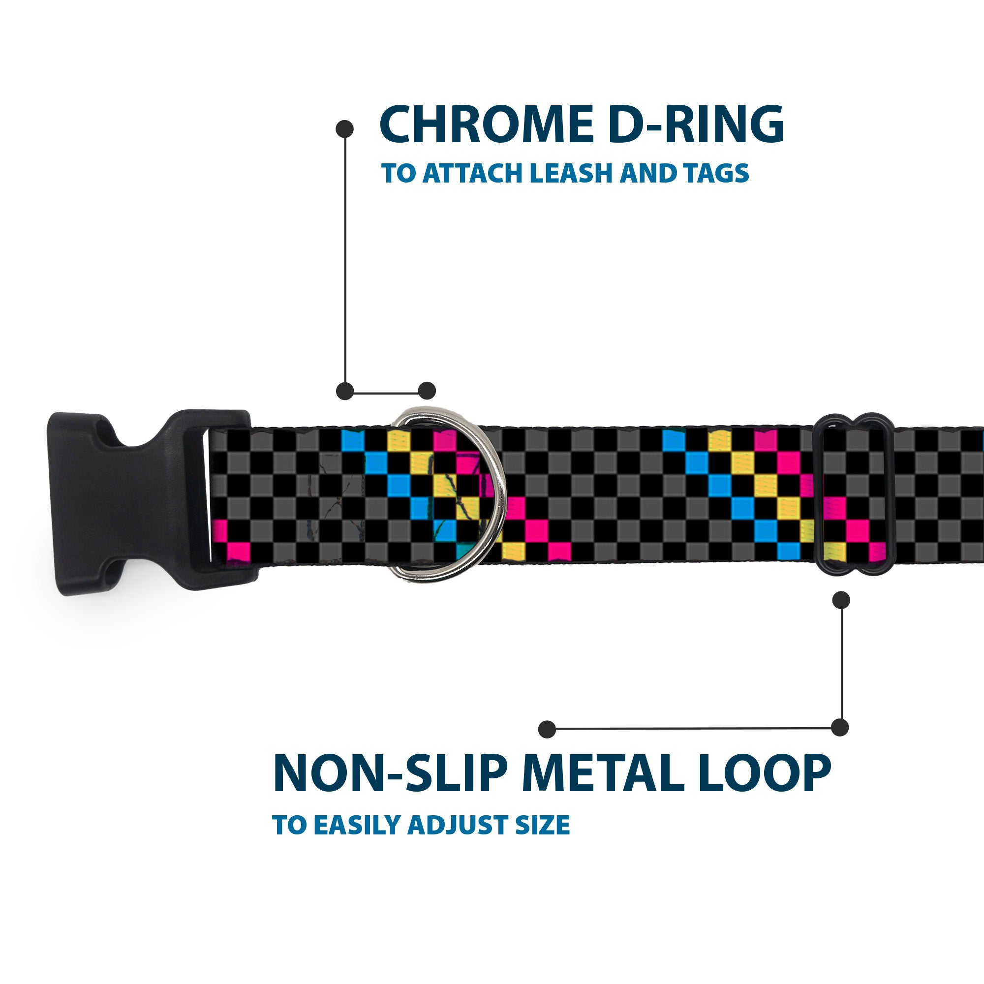 Plastic Clip Collar - Checker Stripe Black/Gray/Blue/Gold/Pink Plastic Clip Collars Buckle-Down
