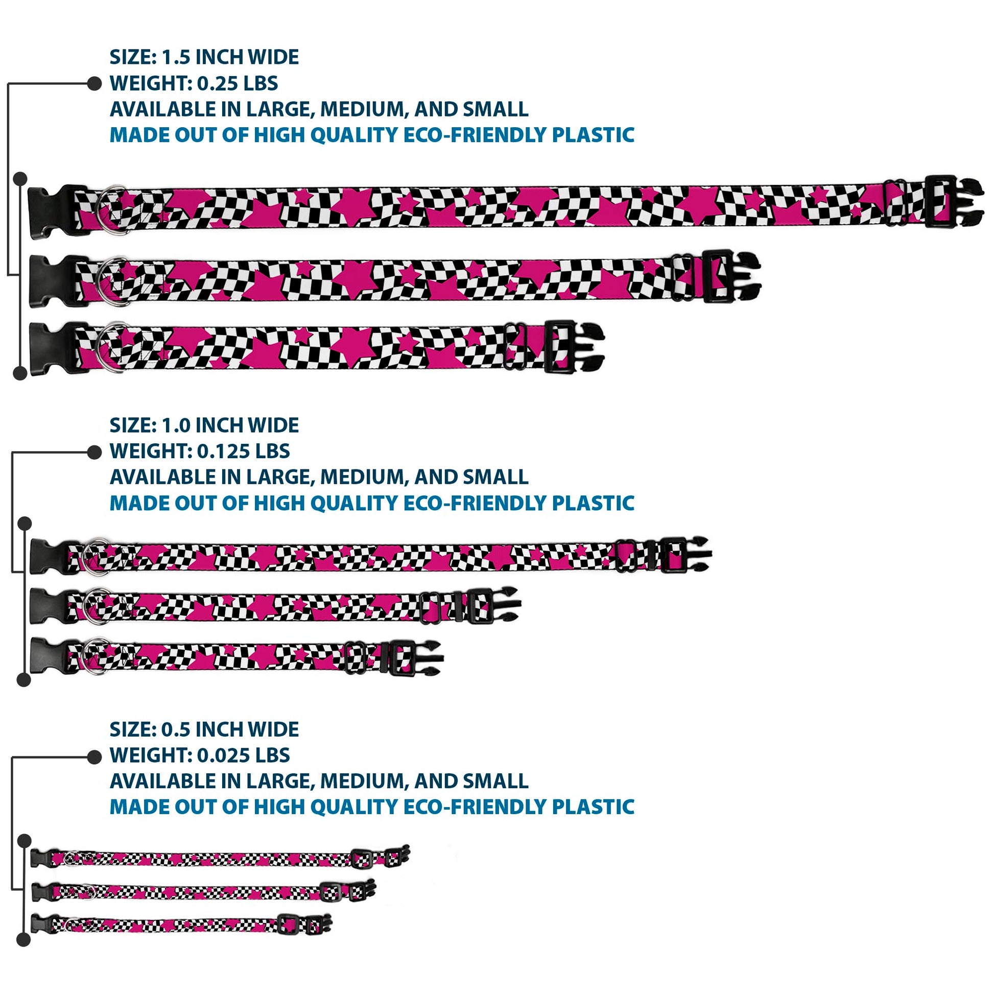 Plastic Clip Collar - Checker & Stars Black/White/Pink Plastic Clip Collars Buckle-Down