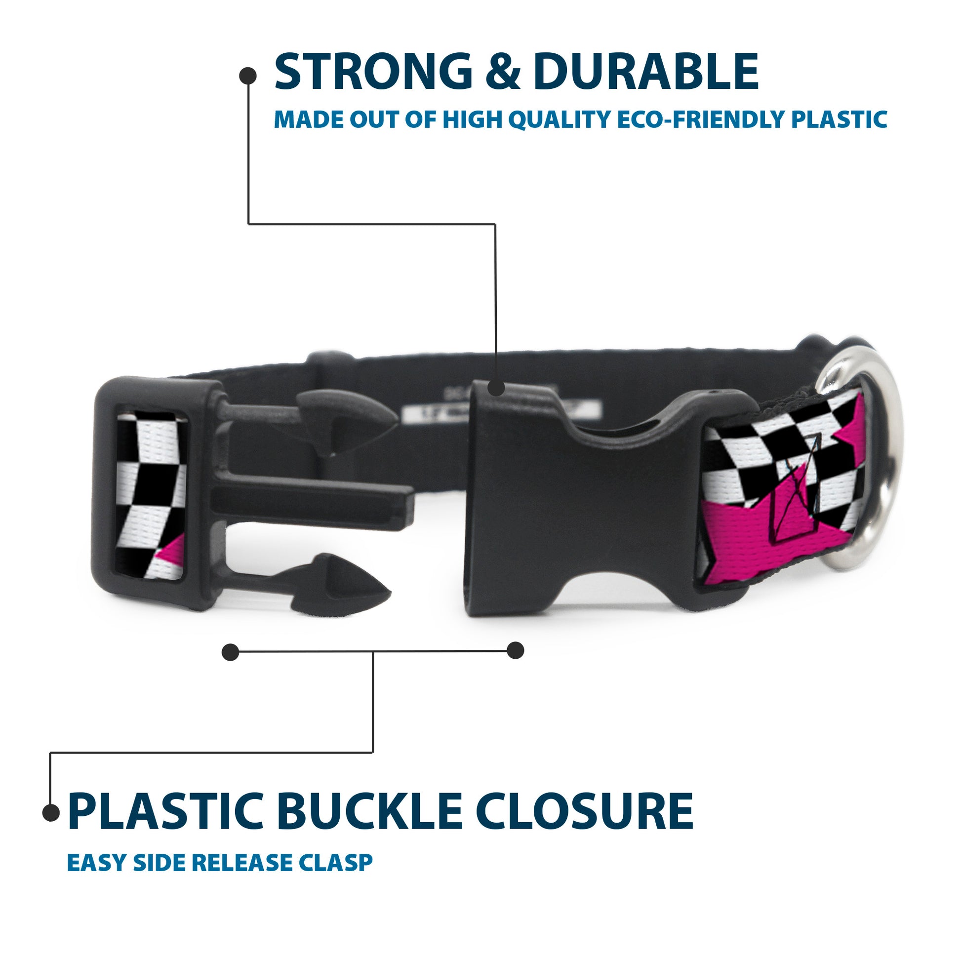 Plastic Clip Collar - Checker & Stars Black/White/Pink Plastic Clip Collars Buckle-Down