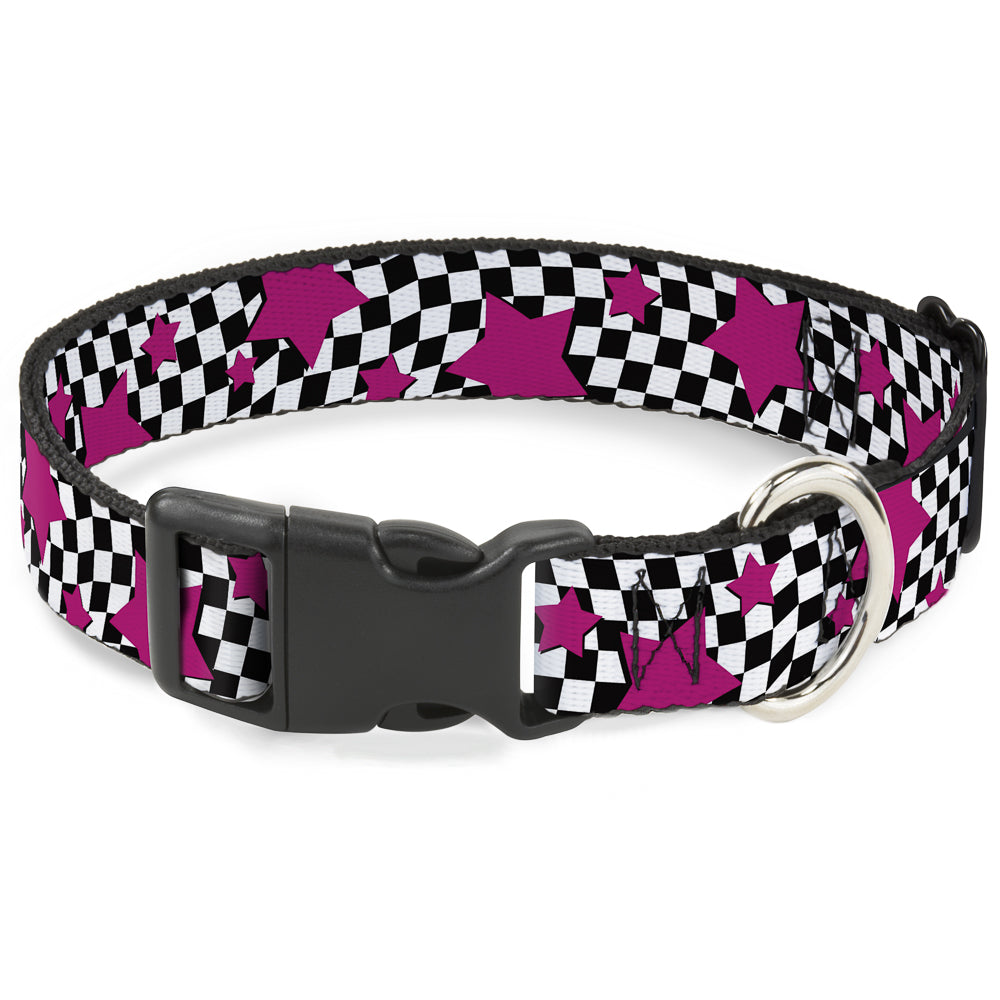 Plastic Clip Collar - Checker & Stars Black/White/Pink Plastic Clip Collars Buckle-Down