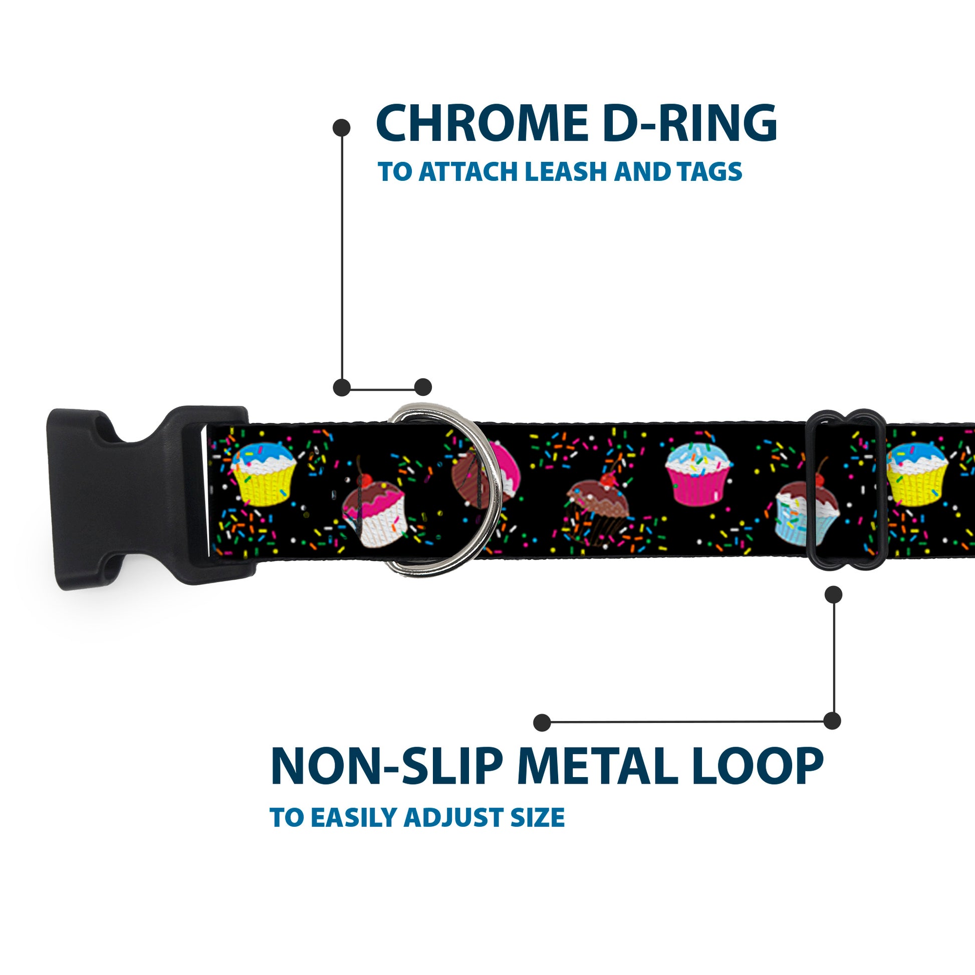 Plastic Clip Collar - Cupcake Sprinkles Black/Multi Color Plastic Clip Collars Buckle-Down