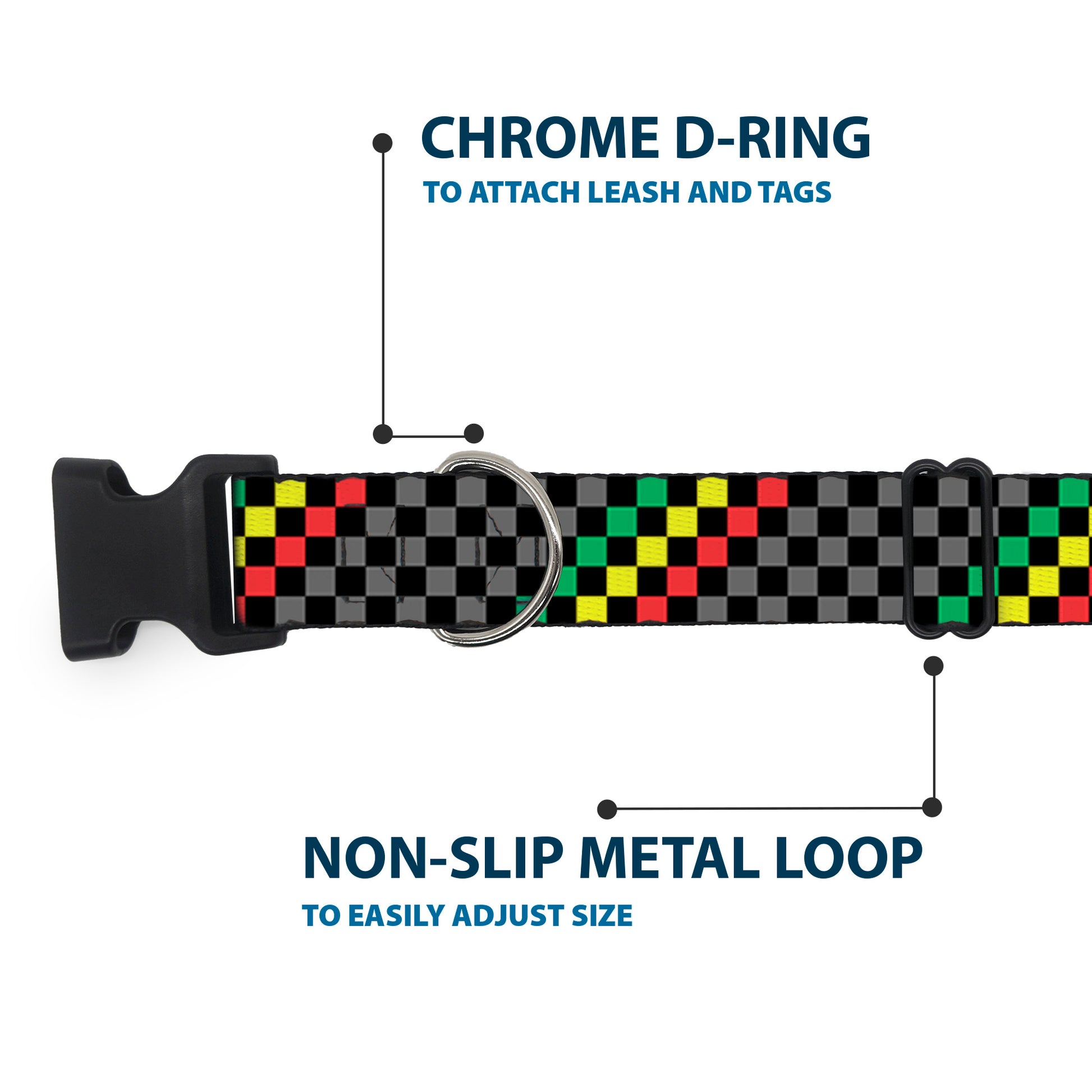 Plastic Clip Collar - Checker Stripe Black/Gray/Rasta Plastic Clip Collars Buckle-Down
