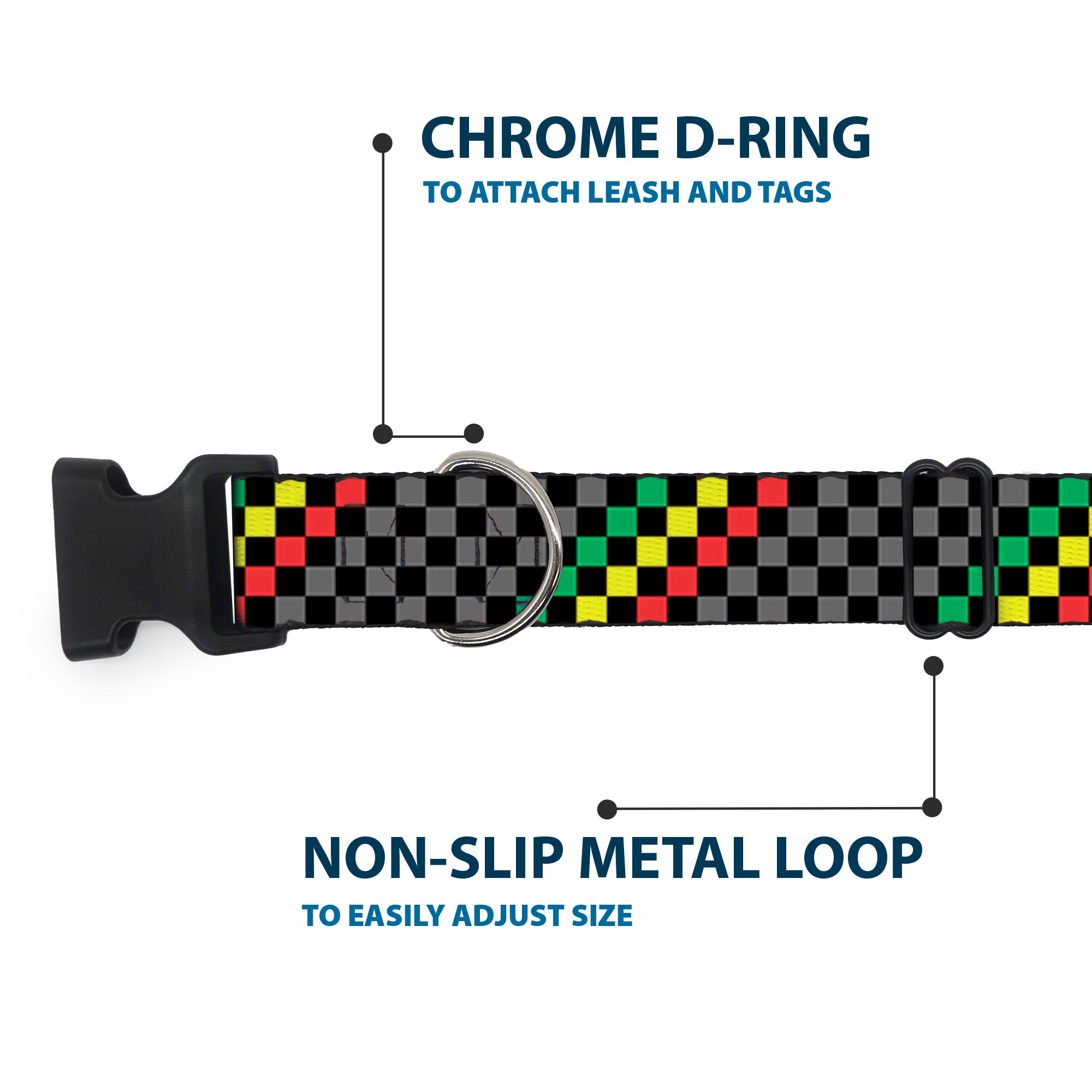 Plastic Clip Collar - Checker Stripe Black/Gray/Rasta Plastic Clip Collars Buckle-Down