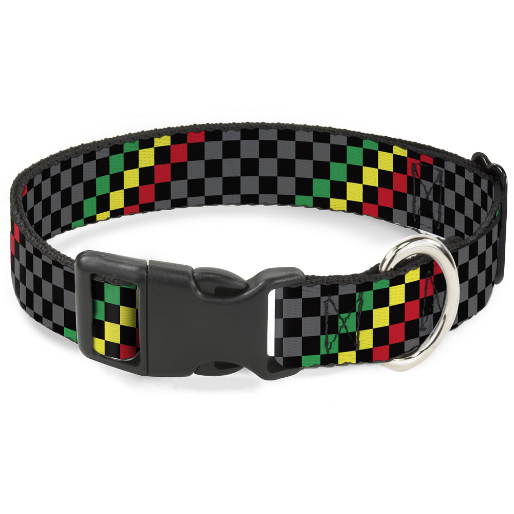 Plastic Clip Collar - Checker Stripe Black/Gray/Rasta Plastic Clip Collars Buckle-Down