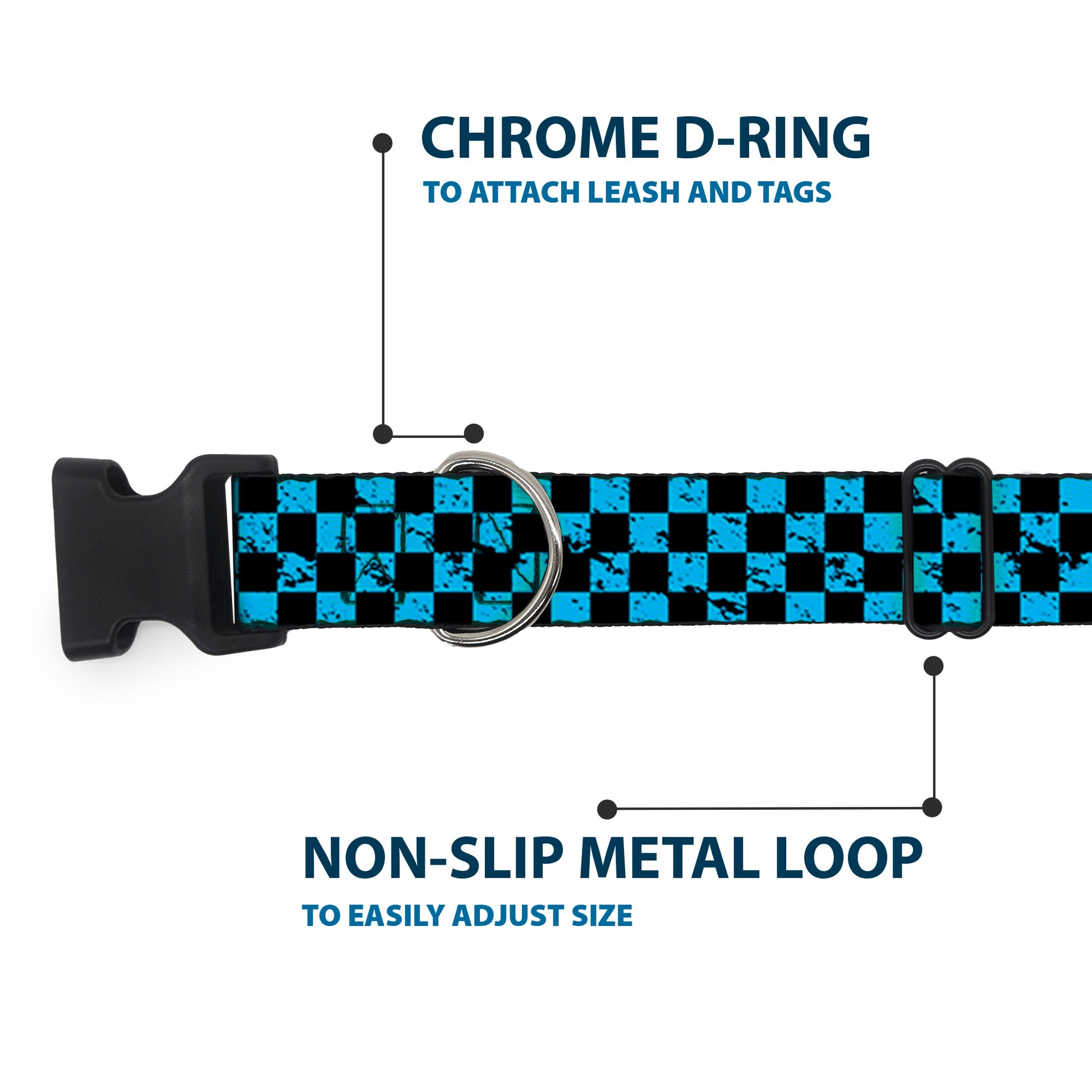 Plastic Clip Collar - Checker Weathered Black/Turquoise Plastic Clip Collars Buckle-Down