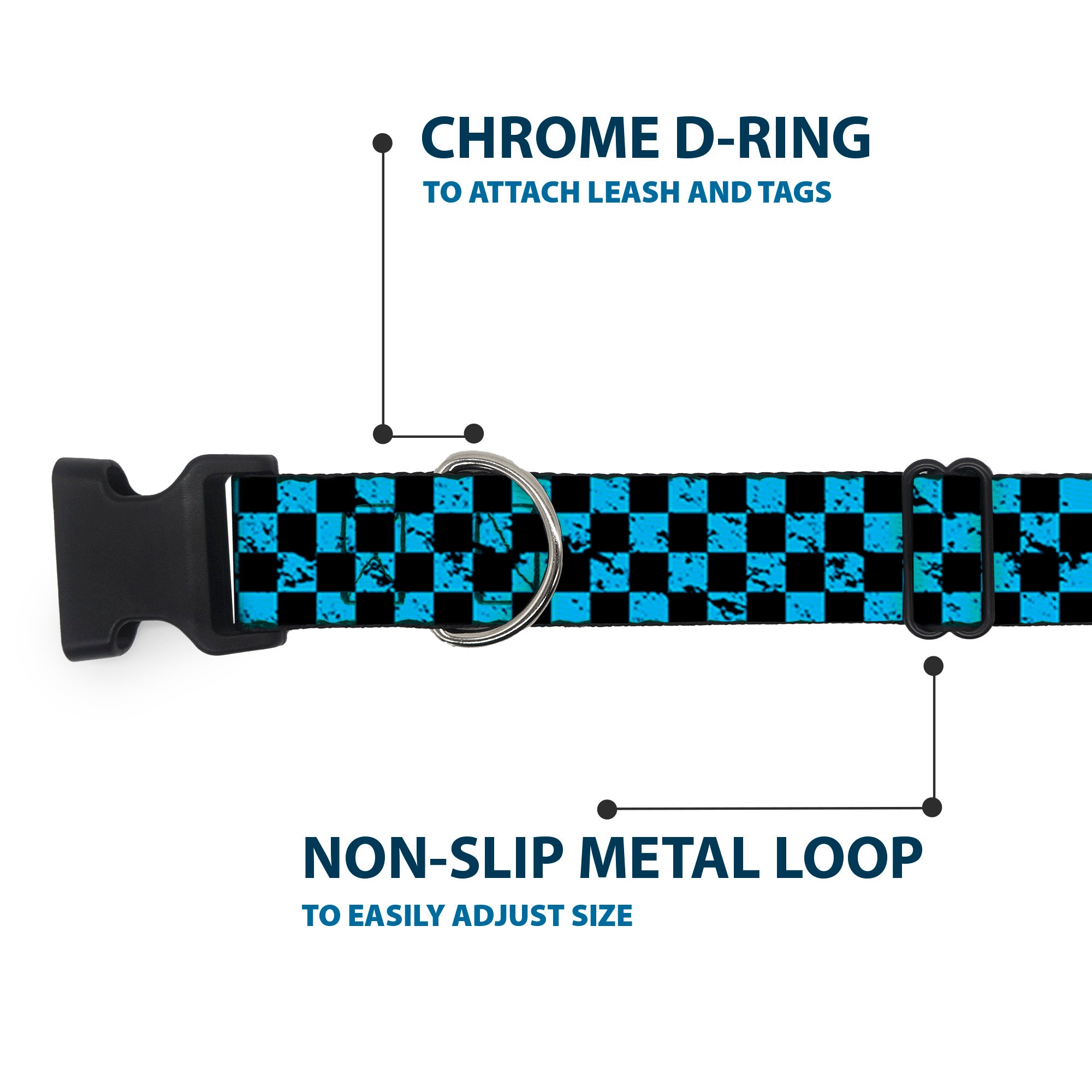 Plastic Clip Collar - Checker Weathered Black/Turquoise Plastic Clip Collars Buckle-Down