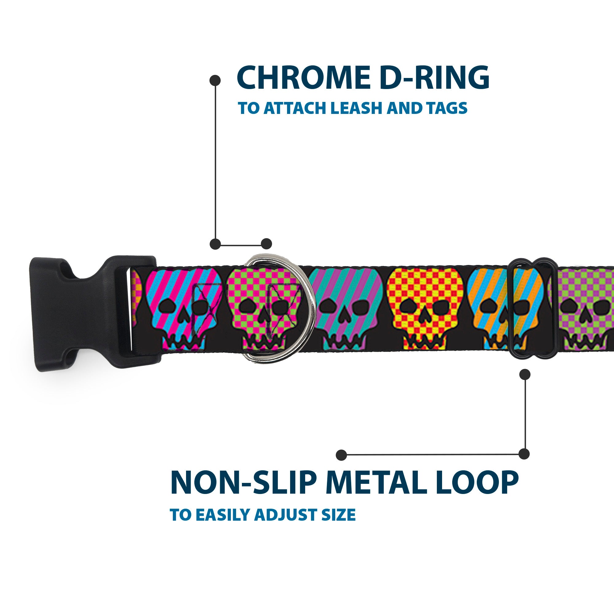 Plastic Clip Collar - Checker & Stripe Skulls Black/Multi Neon Plastic Clip Collars Buckle-Down