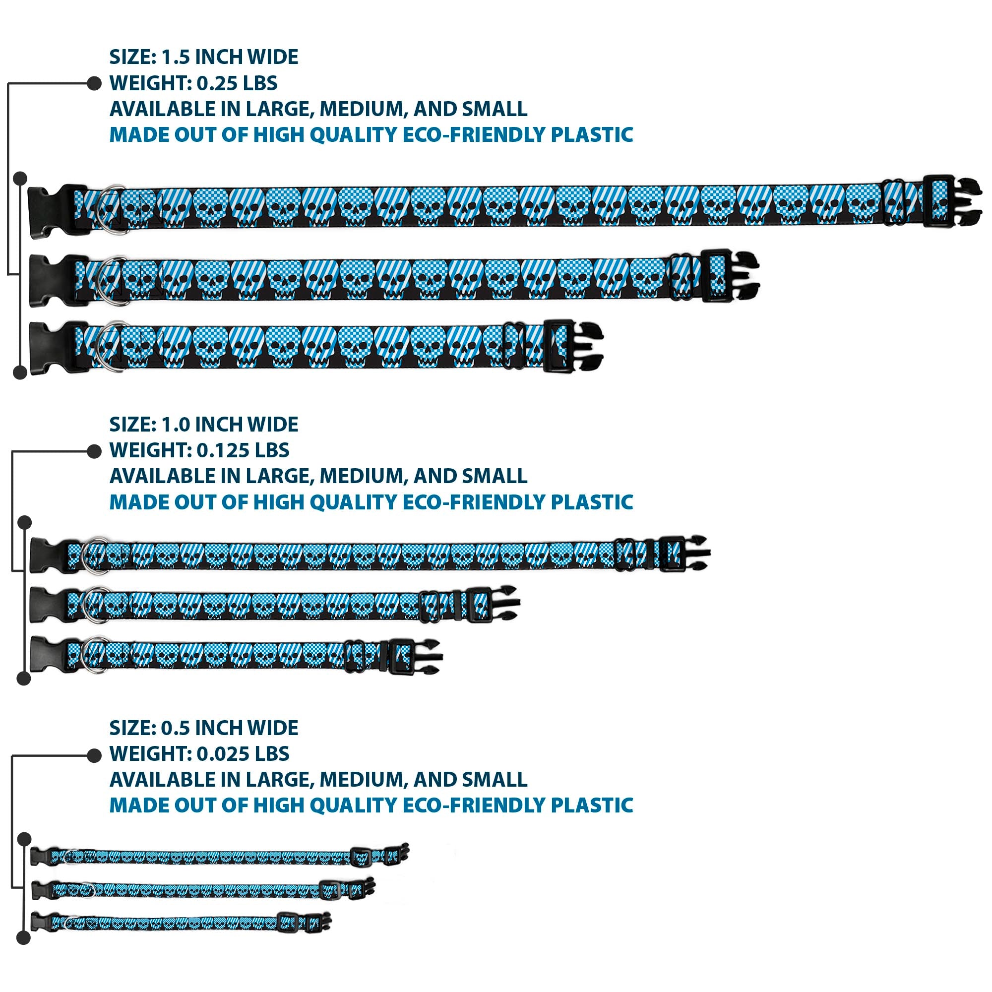 Plastic Clip Collar - Checker & Stripe Skulls Black/White/Baby Blue Plastic Clip Collars Buckle-Down
