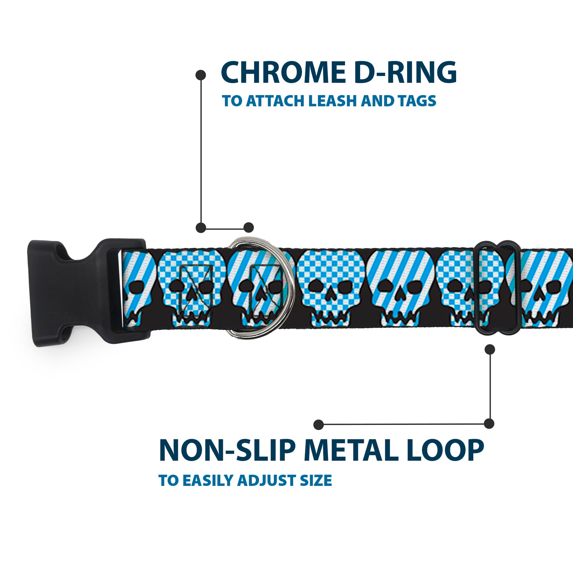 Plastic Clip Collar - Checker & Stripe Skulls Black/White/Baby Blue Plastic Clip Collars Buckle-Down