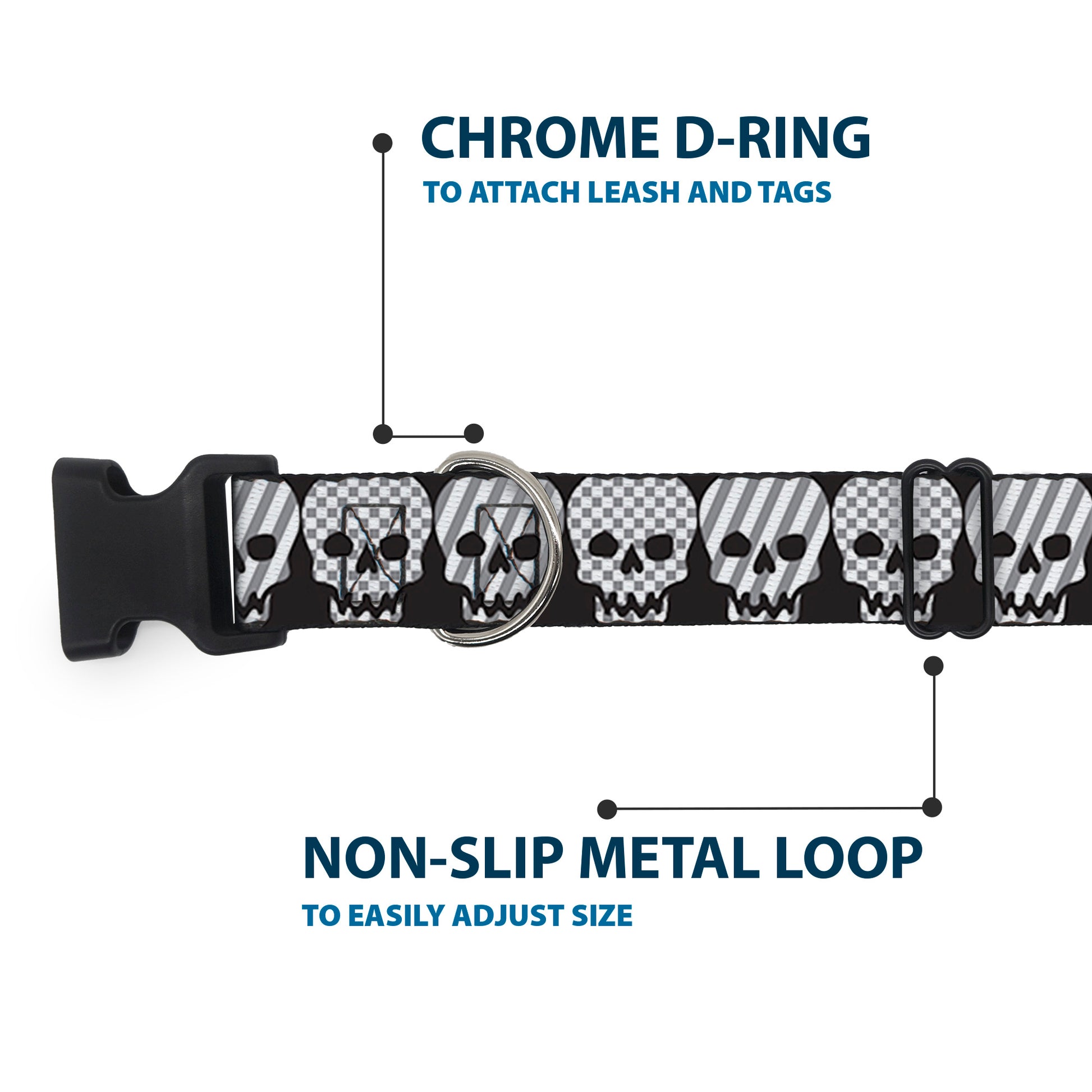 Plastic Clip Collar - Checker & Stripe Skulls Black/White/Gray Plastic Clip Collars Buckle-Down