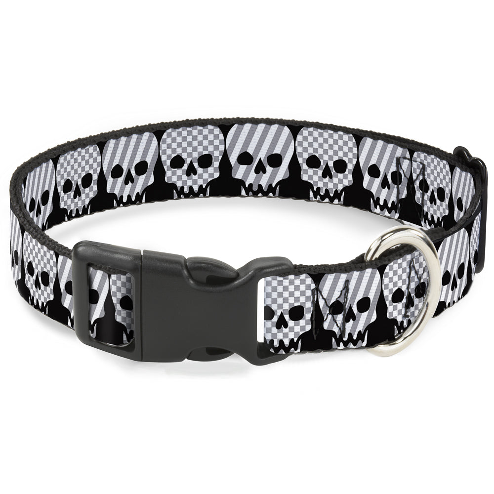 Plastic Clip Collar - Checker & Stripe Skulls Black/White/Gray Plastic Clip Collars Buckle-Down