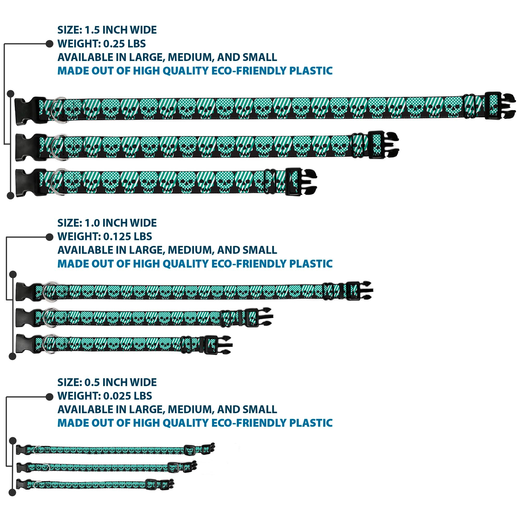 Plastic Clip Collar - Checker & Stripe Skulls Black/White/Green Plastic Clip Collars Buckle-Down
