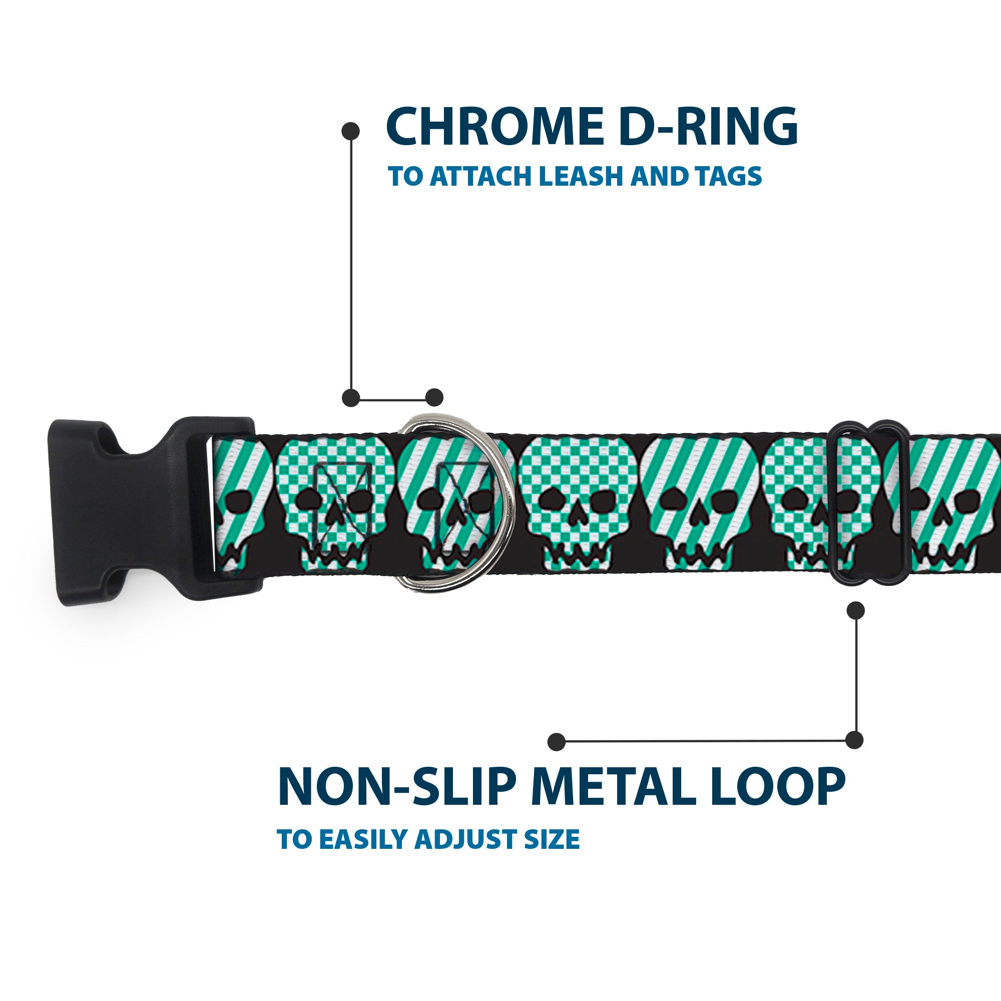 Plastic Clip Collar - Checker & Stripe Skulls Black/White/Green Plastic Clip Collars Buckle-Down