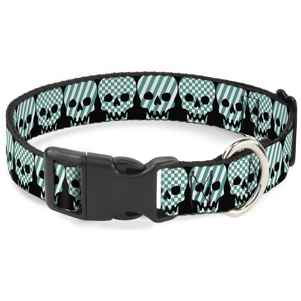 Plastic Clip Collar - Checker & Stripe Skulls Black/White/Green Plastic Clip Collars Buckle-Down
