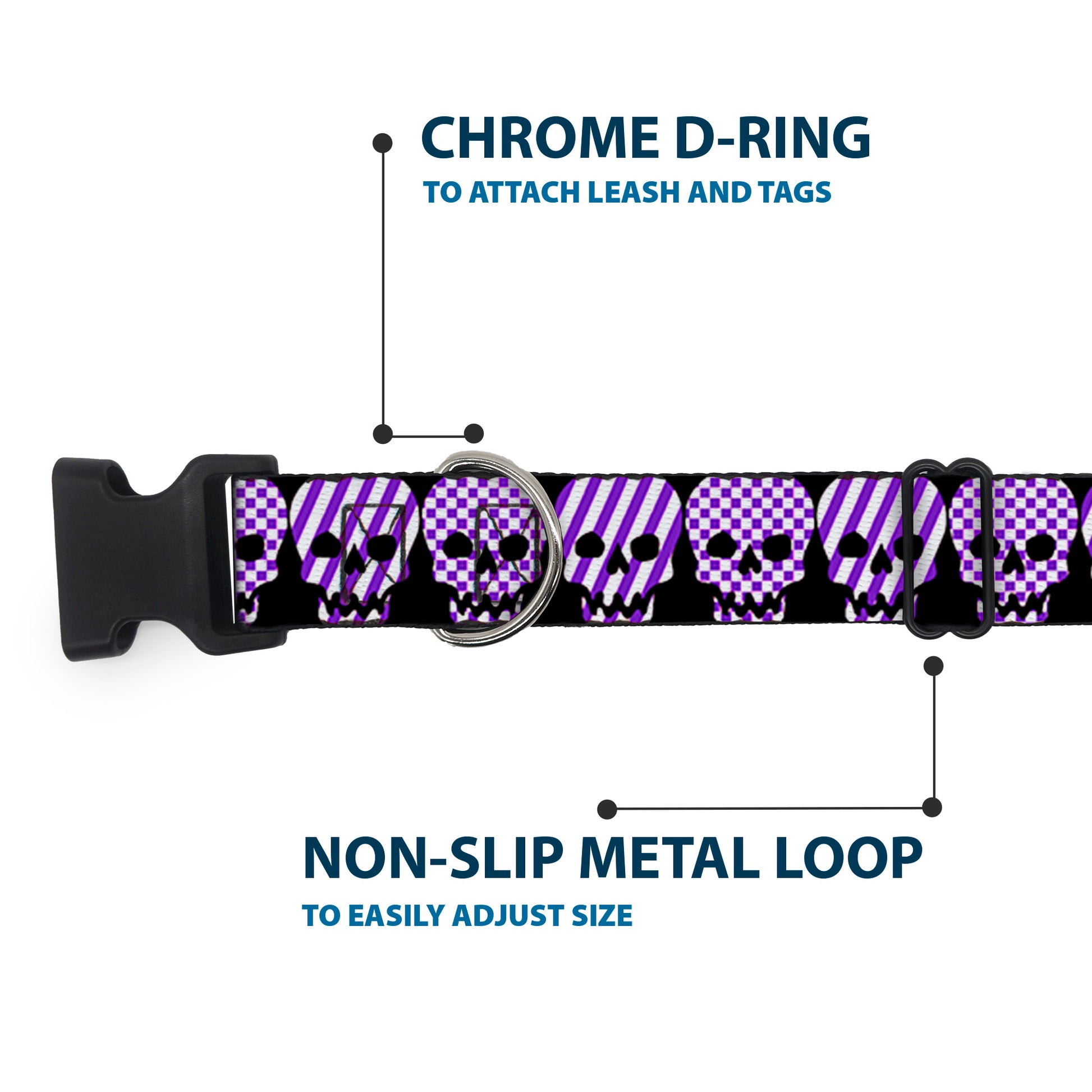 Plastic Clip Collar - Checker & Stripe Skulls Black/White/Purple Plastic Clip Collars Buckle-Down