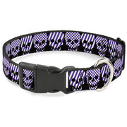 Plastic Clip Collar - Checker & Stripe Skulls Black/White/Purple Plastic Clip Collars Buckle-Down