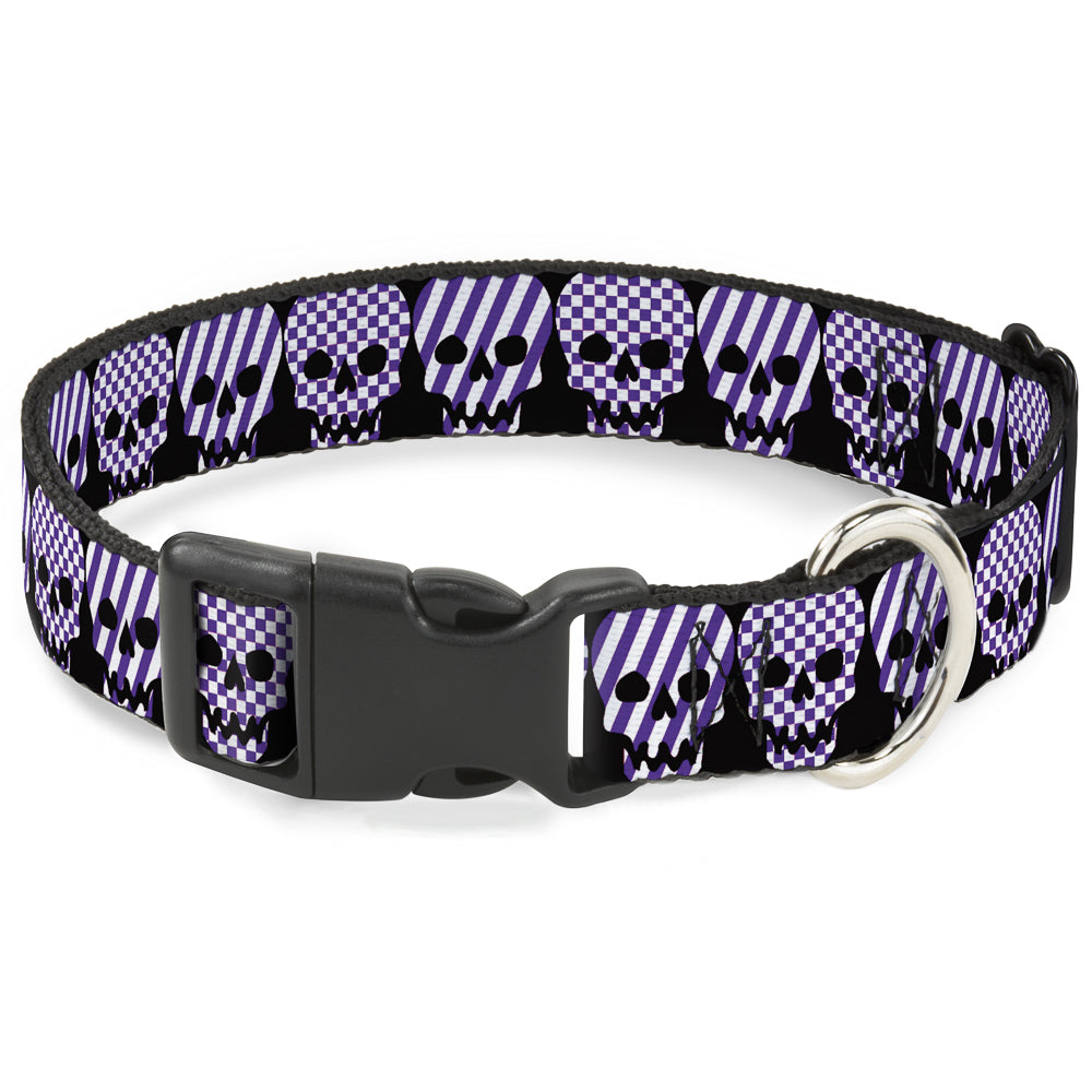 Plastic Clip Collar - Checker & Stripe Skulls Black/White/Purple Plastic Clip Collars Buckle-Down