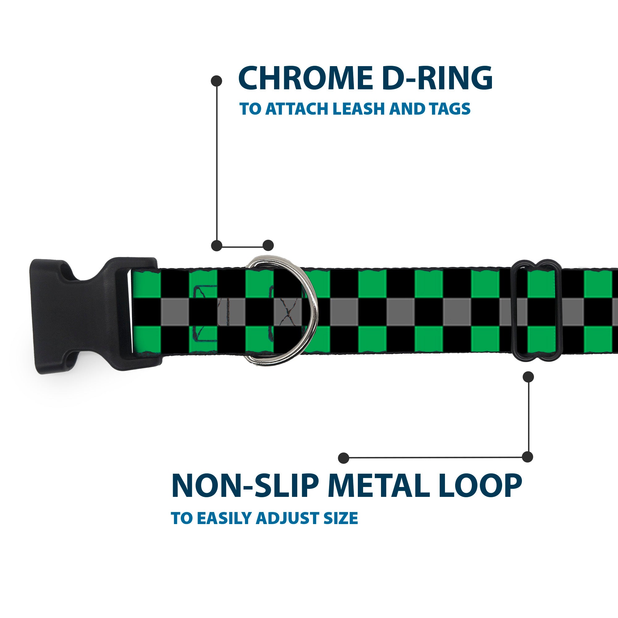 Plastic Clip Collar - Checker Black/Gray/2 Green Plastic Clip Collars Buckle-Down