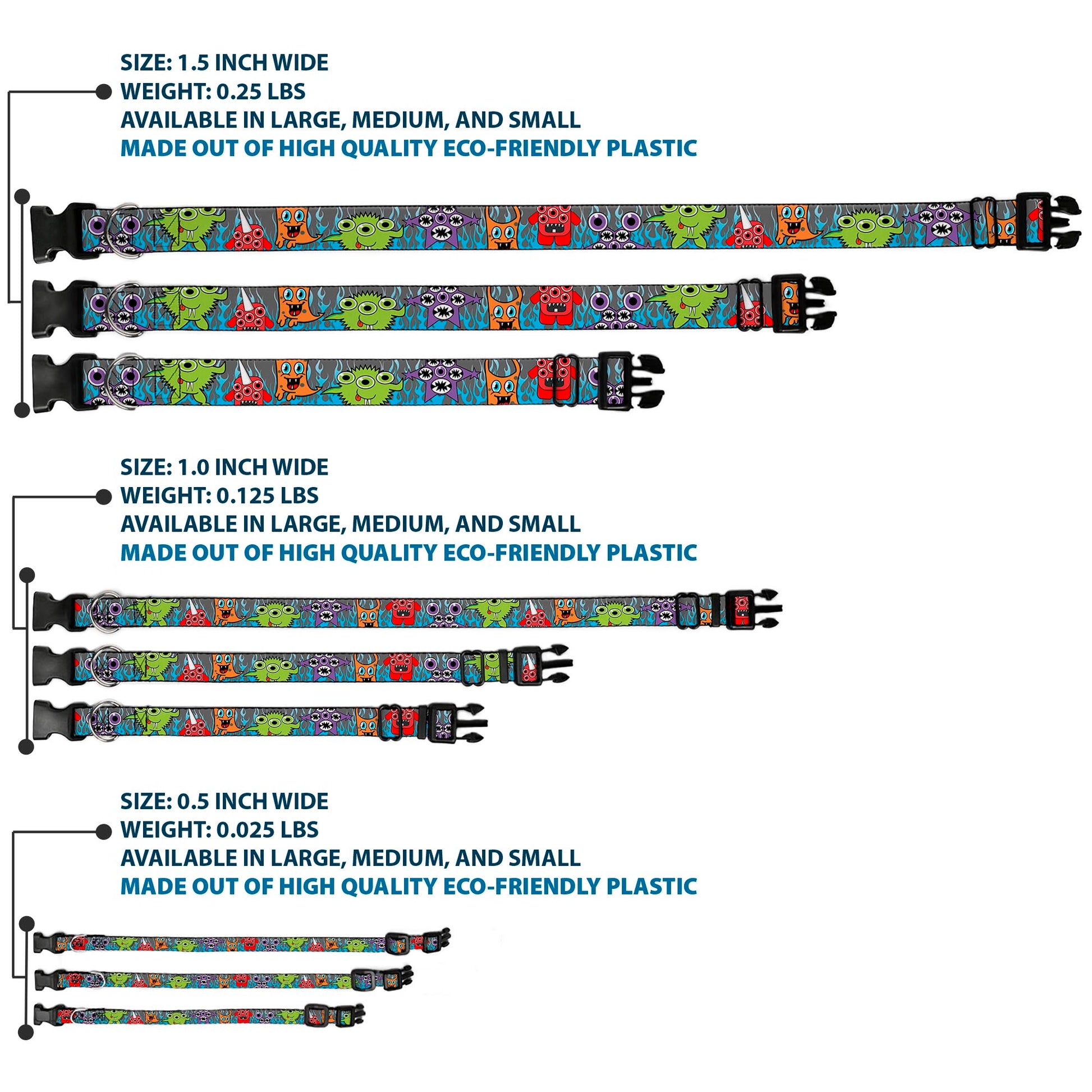 Plastic Clip Collar - Cute Monsters Gray/Flame Blue Plastic Clip Collars Buckle-Down