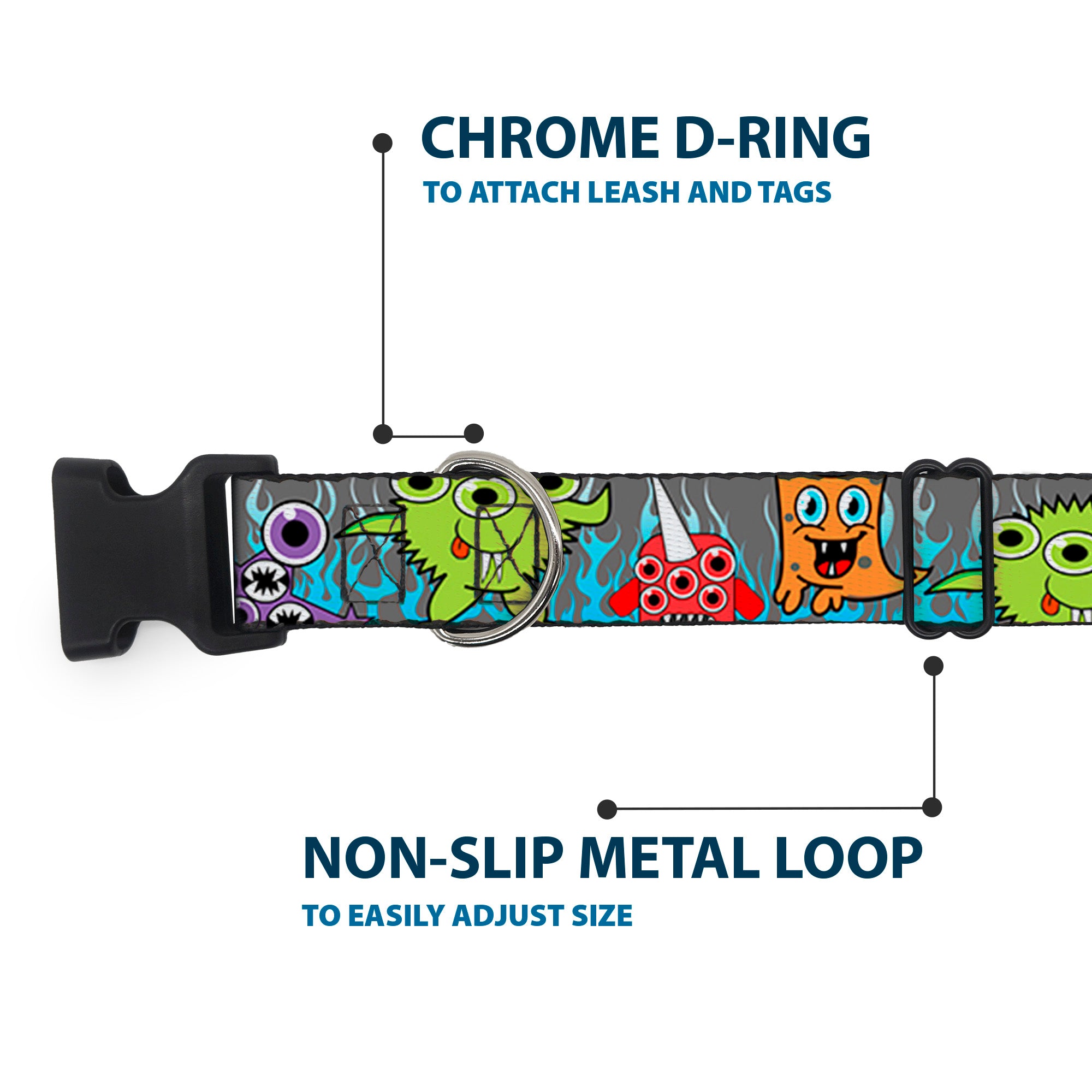 Plastic Clip Collar - Cute Monsters Gray/Flame Blue Plastic Clip Collars Buckle-Down