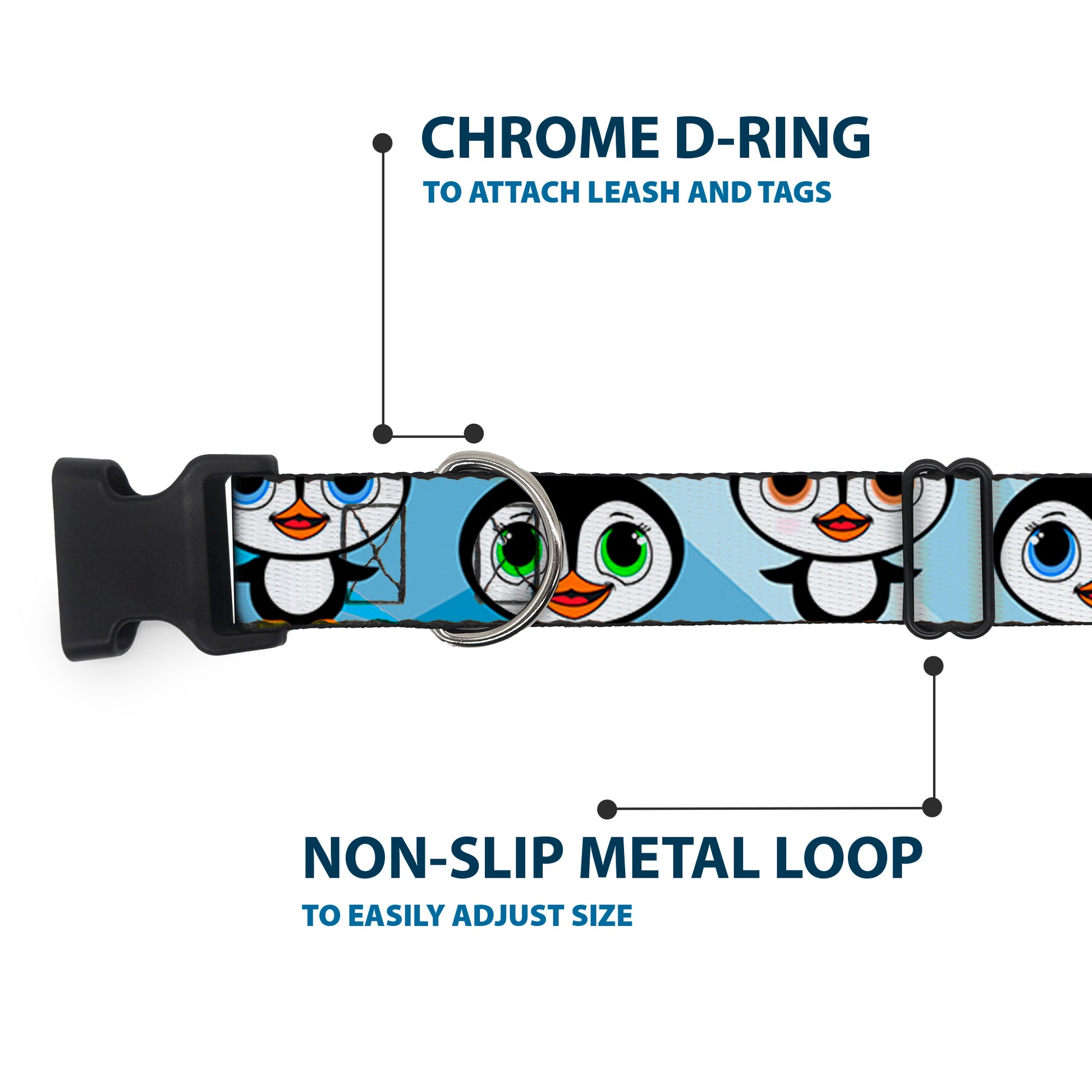 Plastic Clip Collar - Cute Penguins Blue Bubbles Plastic Clip Collars Buckle-Down