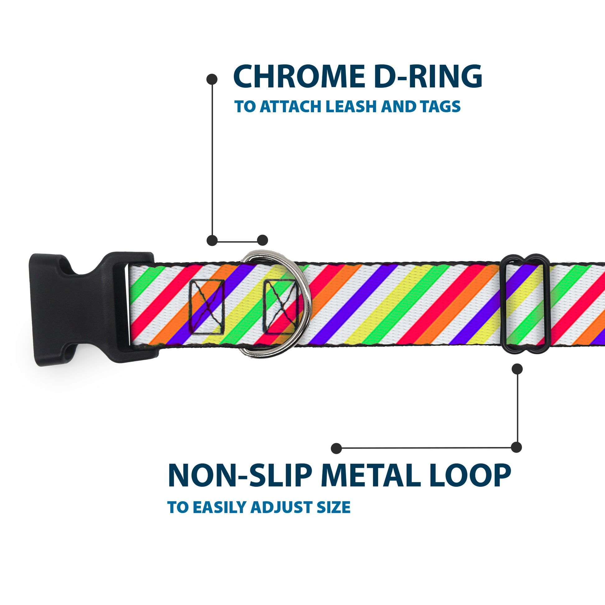 Plastic Clip Collar - Diagonal Stripes White/Multi Neon Plastic Clip Collars Buckle-Down