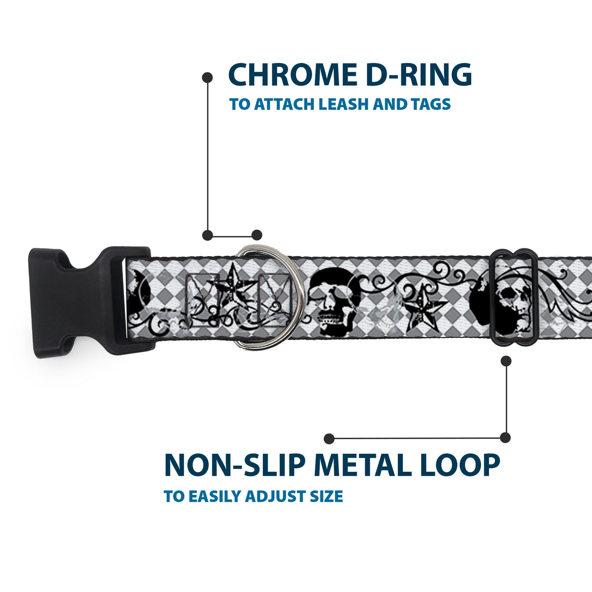 Plastic Clip Collar - Diamonds White/Gray w/Skulls Plastic Clip Collars Buckle-Down