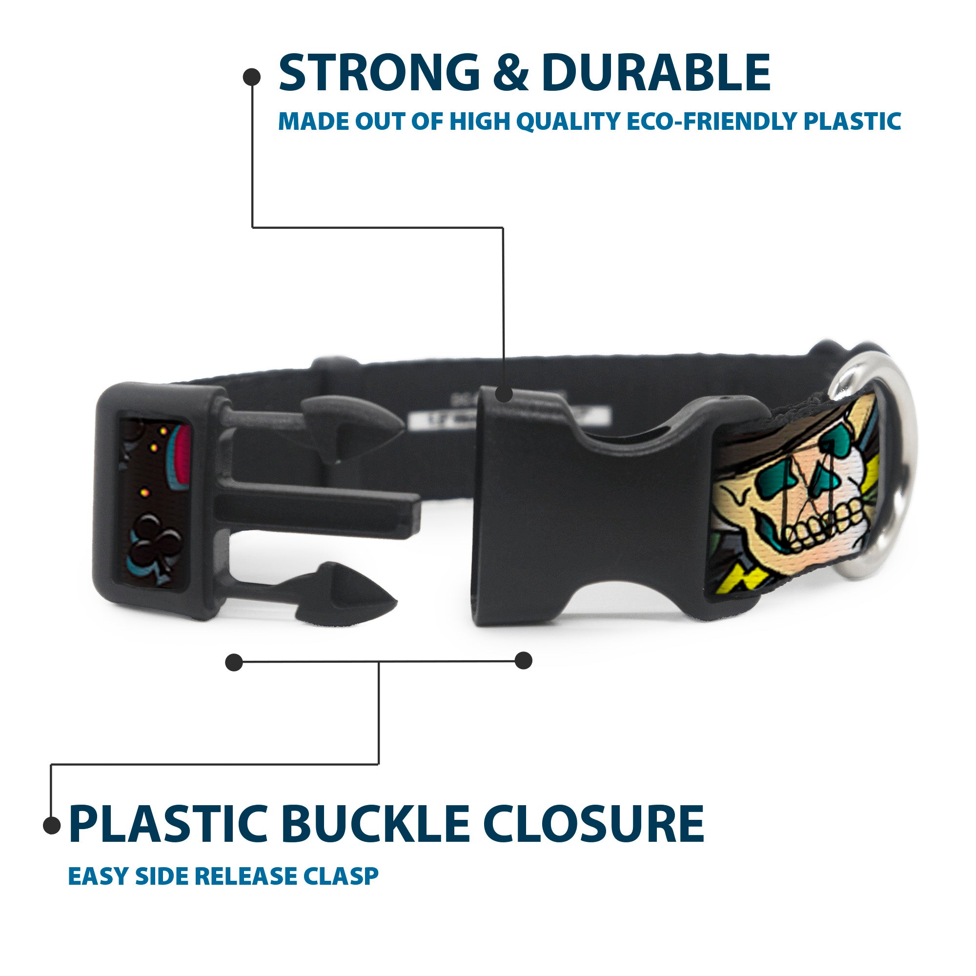 Plastic Clip Collar - Death or Glory CLOSE-UP Black Plastic Clip Collars Buckle-Down