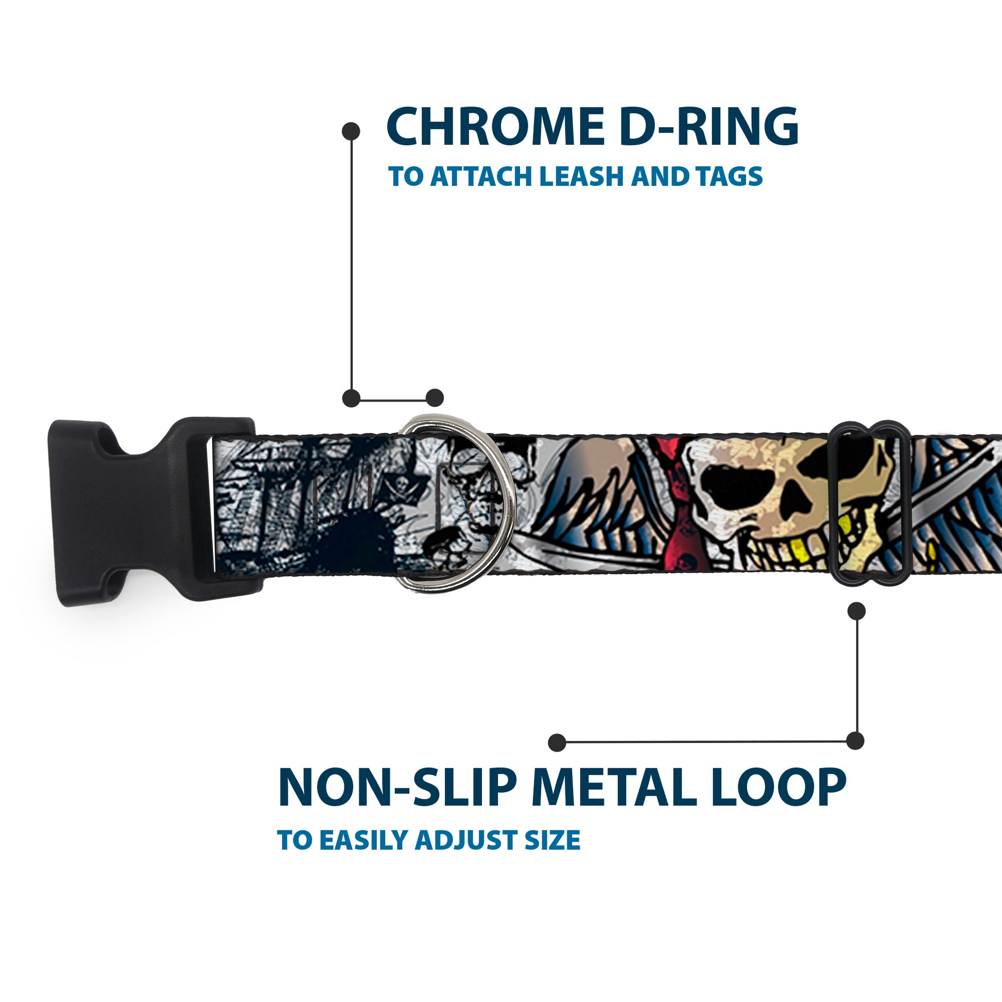 Plastic Clip Collar - Dead Men Tell No Tales CLOSE-UP White Plastic Clip Collars Buckle-Down