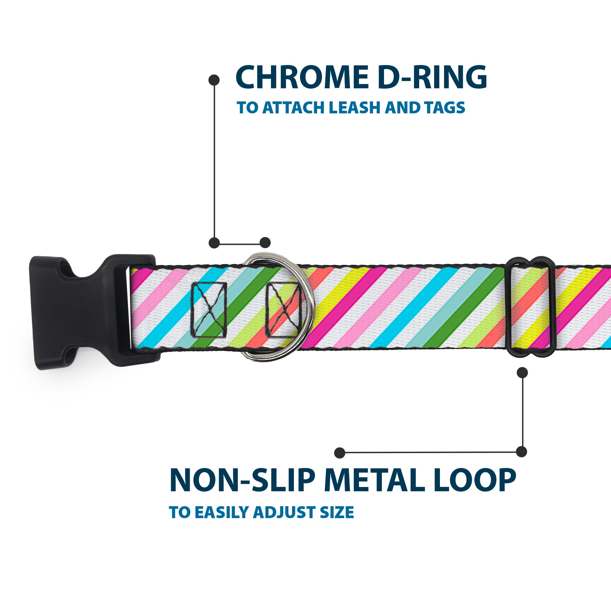 Plastic Clip Collar - Diagonal Stripes White/Multi Color Plastic Clip Collars Buckle-Down