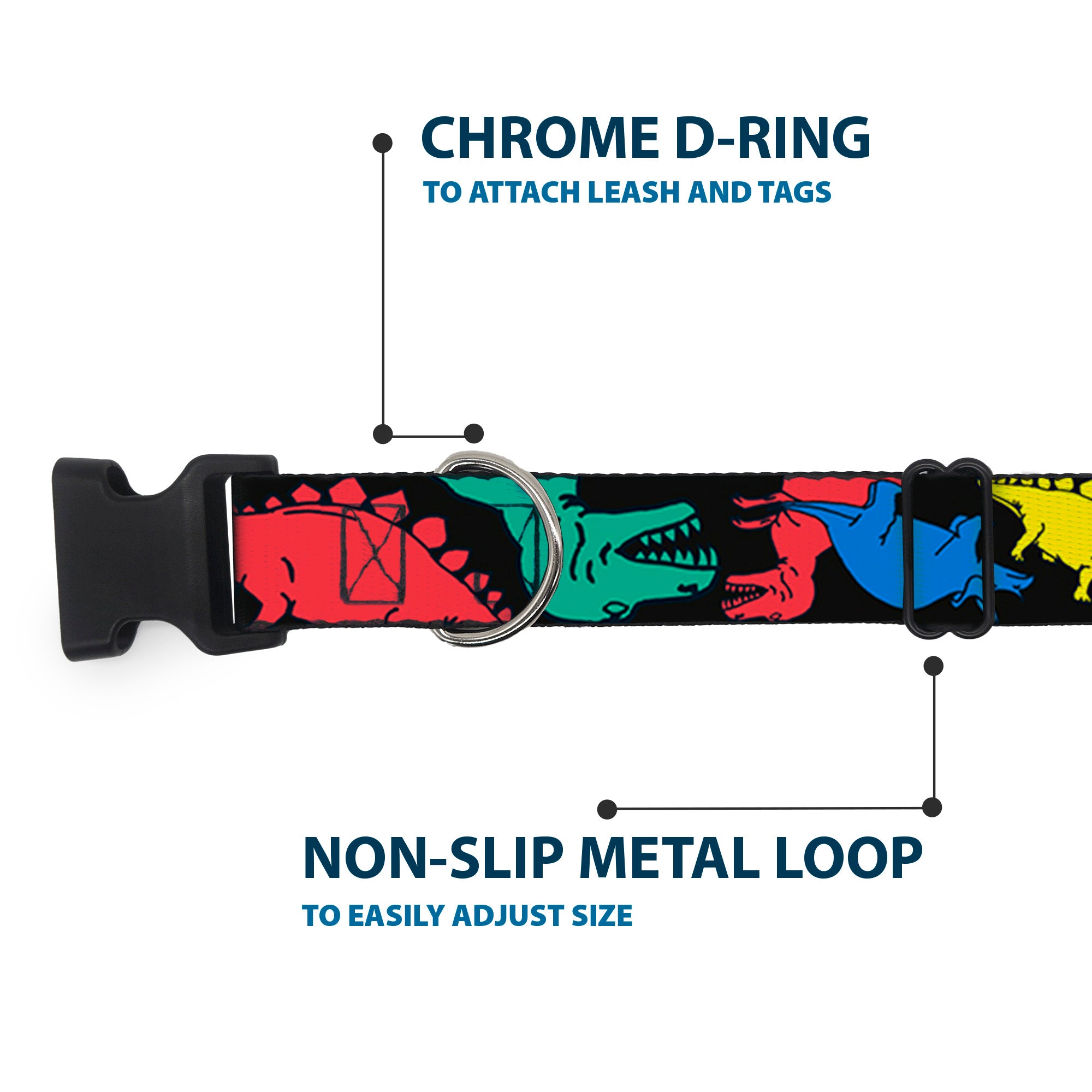 Plastic Clip Collar - Dinosaurs Black/Multi Color Plastic Clip Collars Buckle-Down