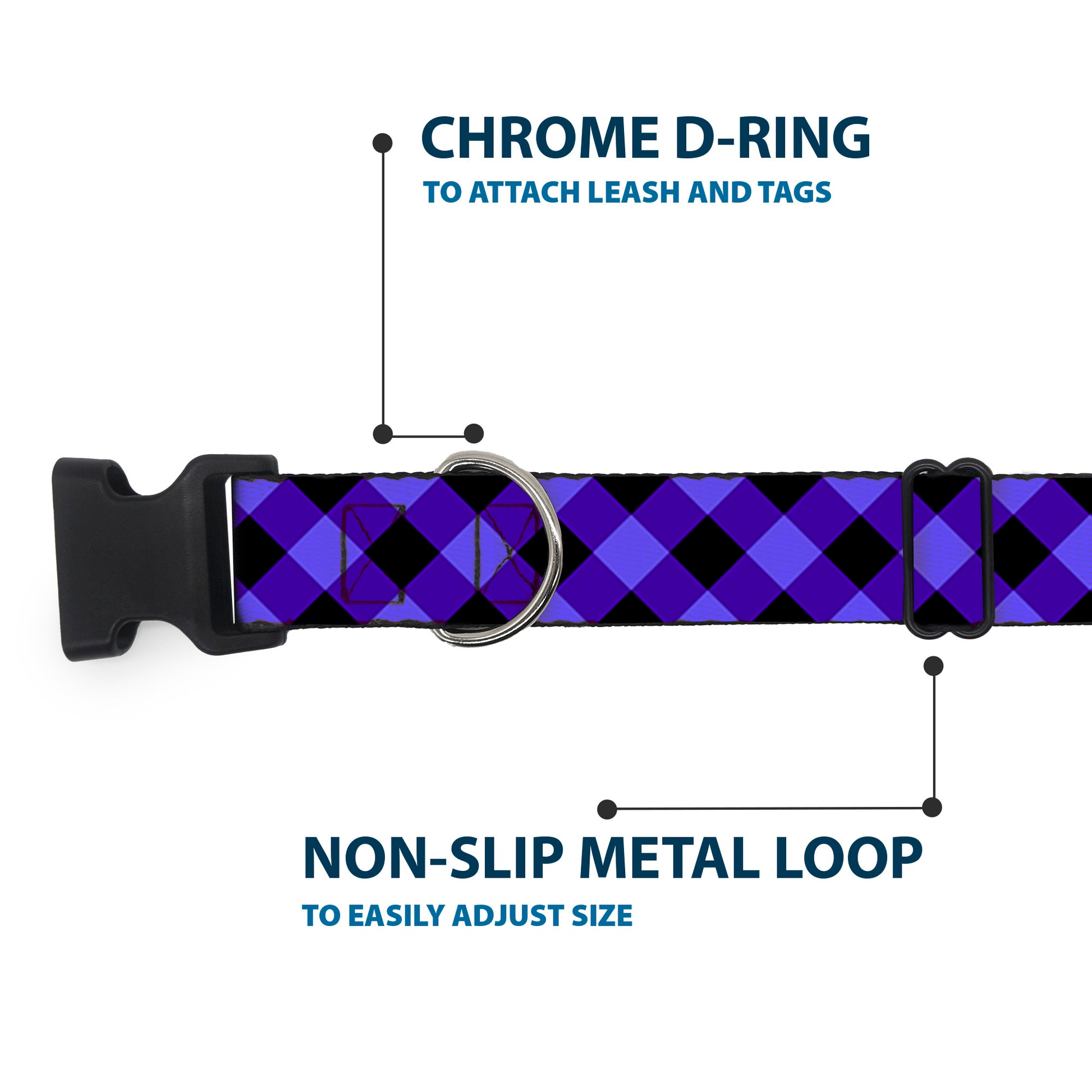 Plastic Clip Collar - Diagonal Buffalo Plaid Black/Blue Plastic Clip Collars Buckle-Down