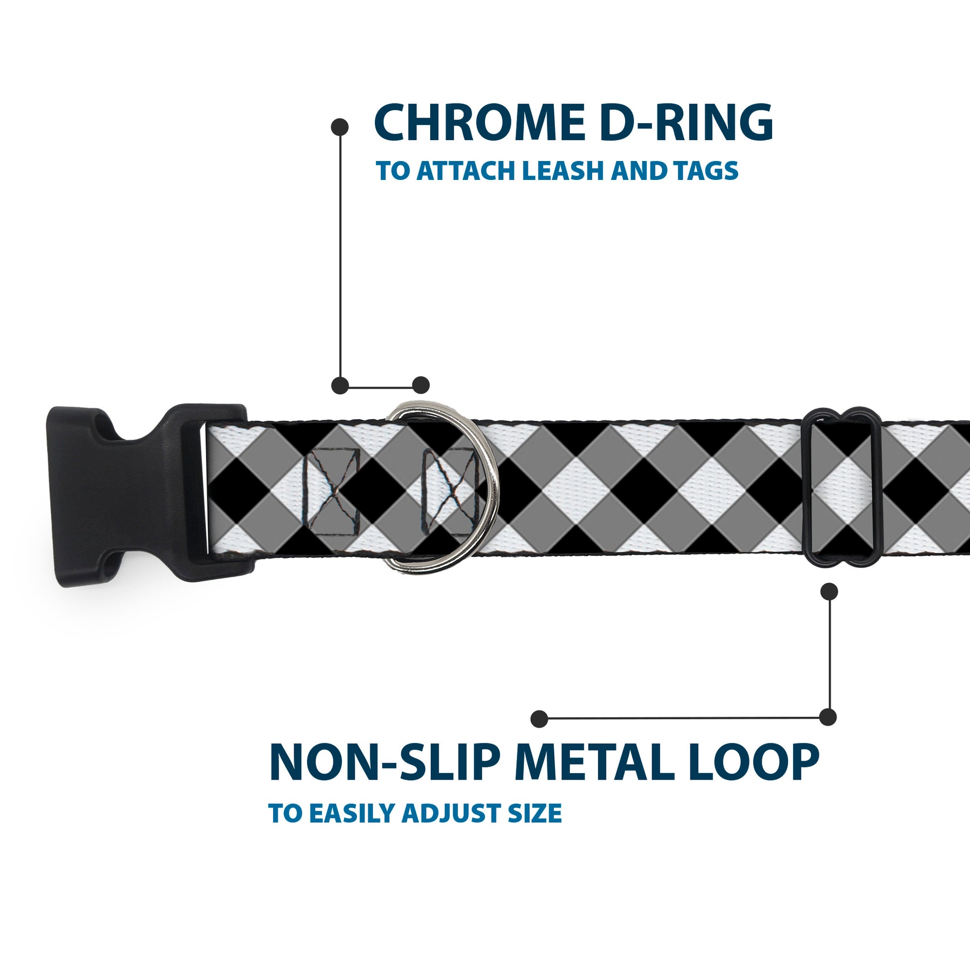 Plastic Clip Collar - Diagonal Buffalo Plaid Black/White Plastic Clip Collars Buckle-Down