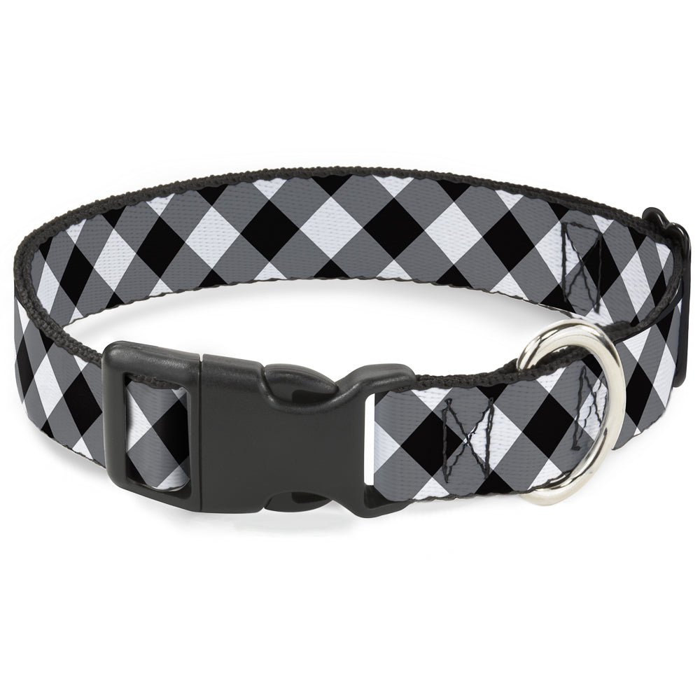 Plastic Clip Collar - Diagonal Buffalo Plaid Black/White Plastic Clip Collars Buckle-Down