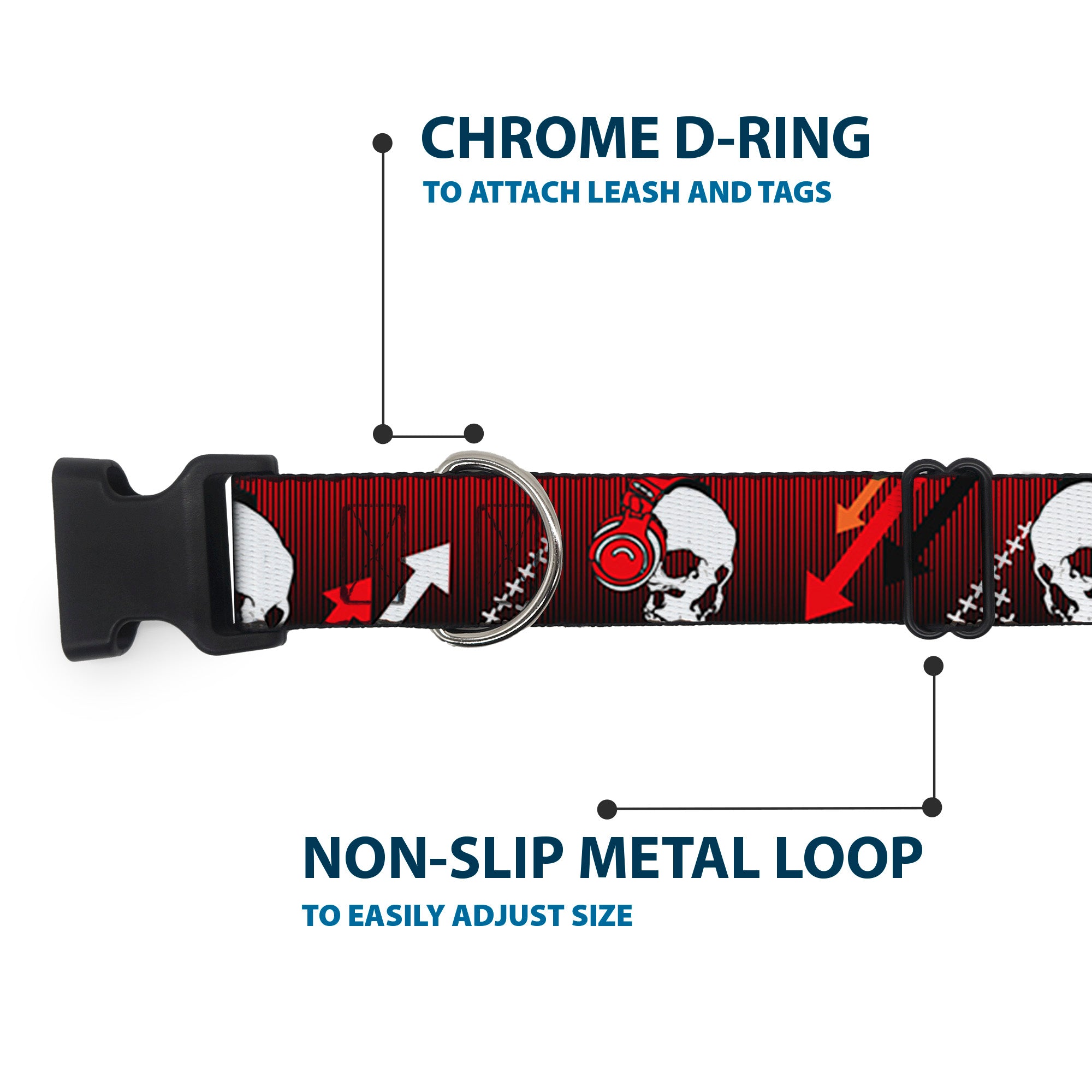 Plastic Clip Collar - DJ Skulls Up/Down Black/Red Plastic Clip Collars Buckle-Down