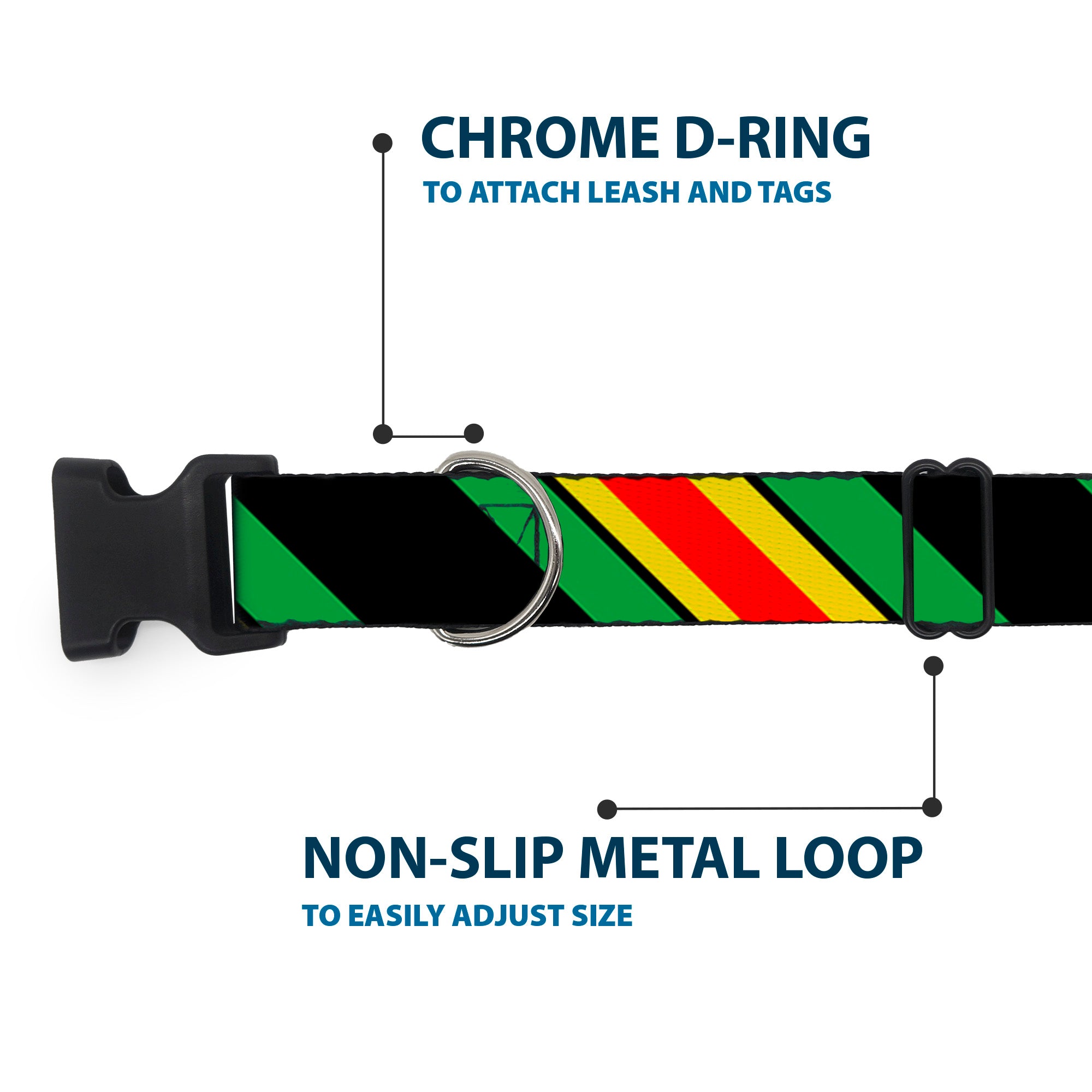 Plastic Clip Collar - Diagonal Stripes Black/Green/Yellow/Red Plastic Clip Collars Buckle-Down