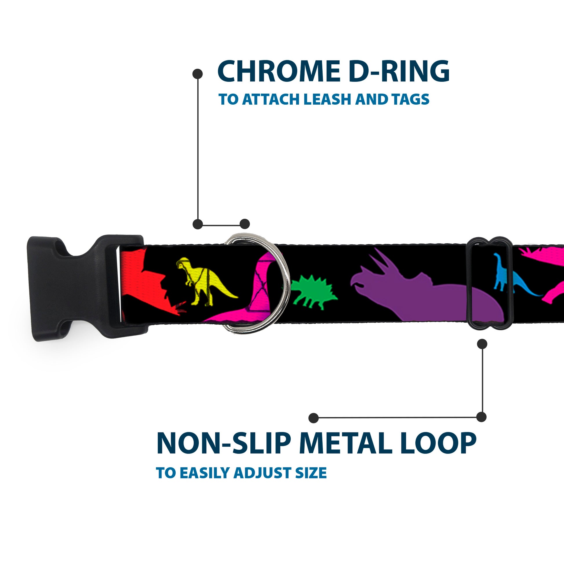Plastic Clip Collar - Dinosaur Silhouette Black/Multi Color Plastic Clip Collars Buckle-Down