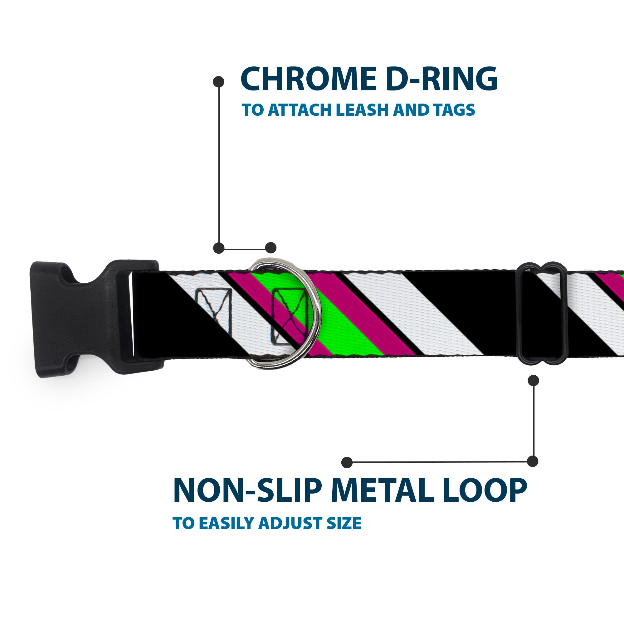 Plastic Clip Collar - Diagonal Stripes Black/White/Pink/Green Plastic Clip Collars Buckle-Down