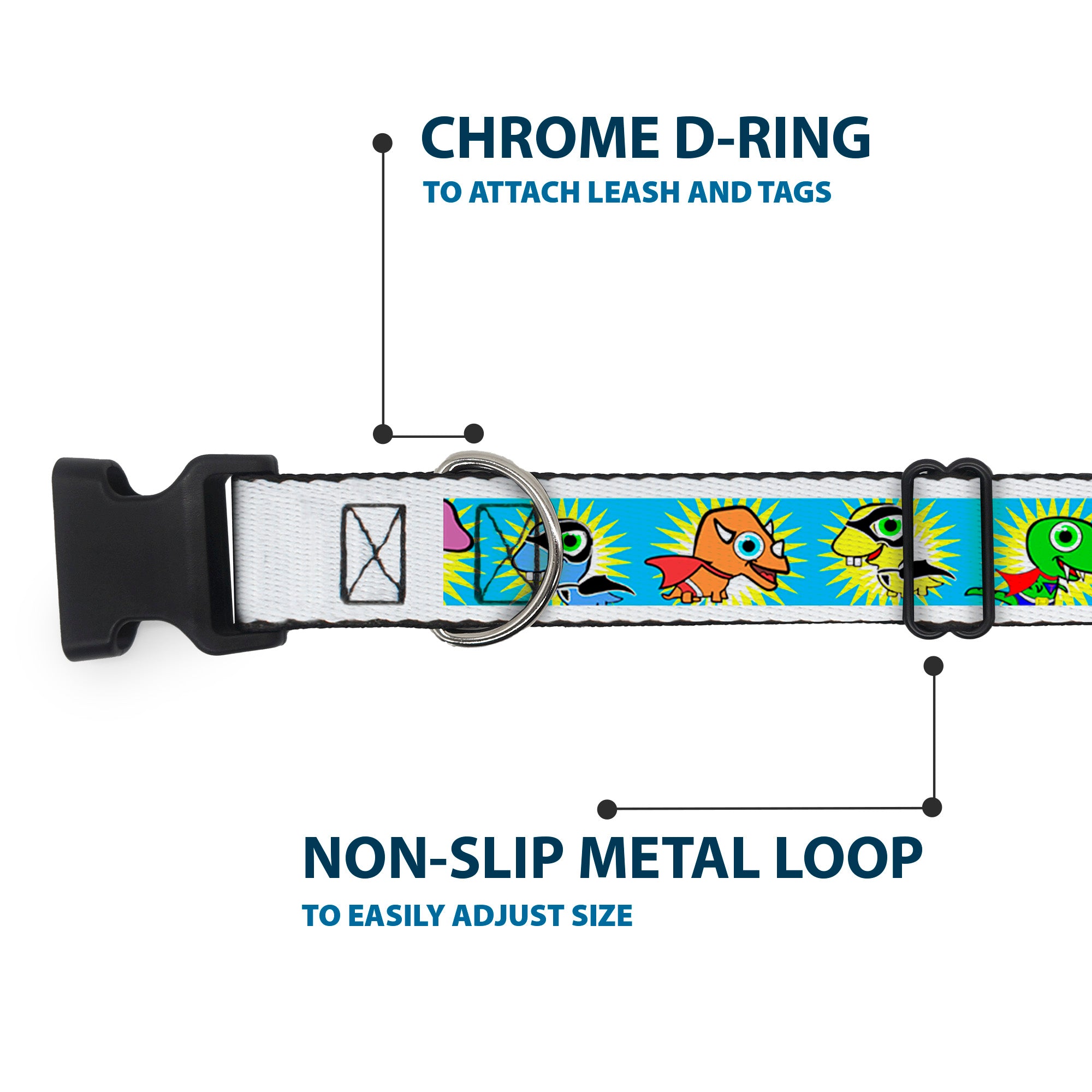 Plastic Clip Collar - Dinosaur Superhero Baby Blue Plastic Clip Collars Buckle-Down