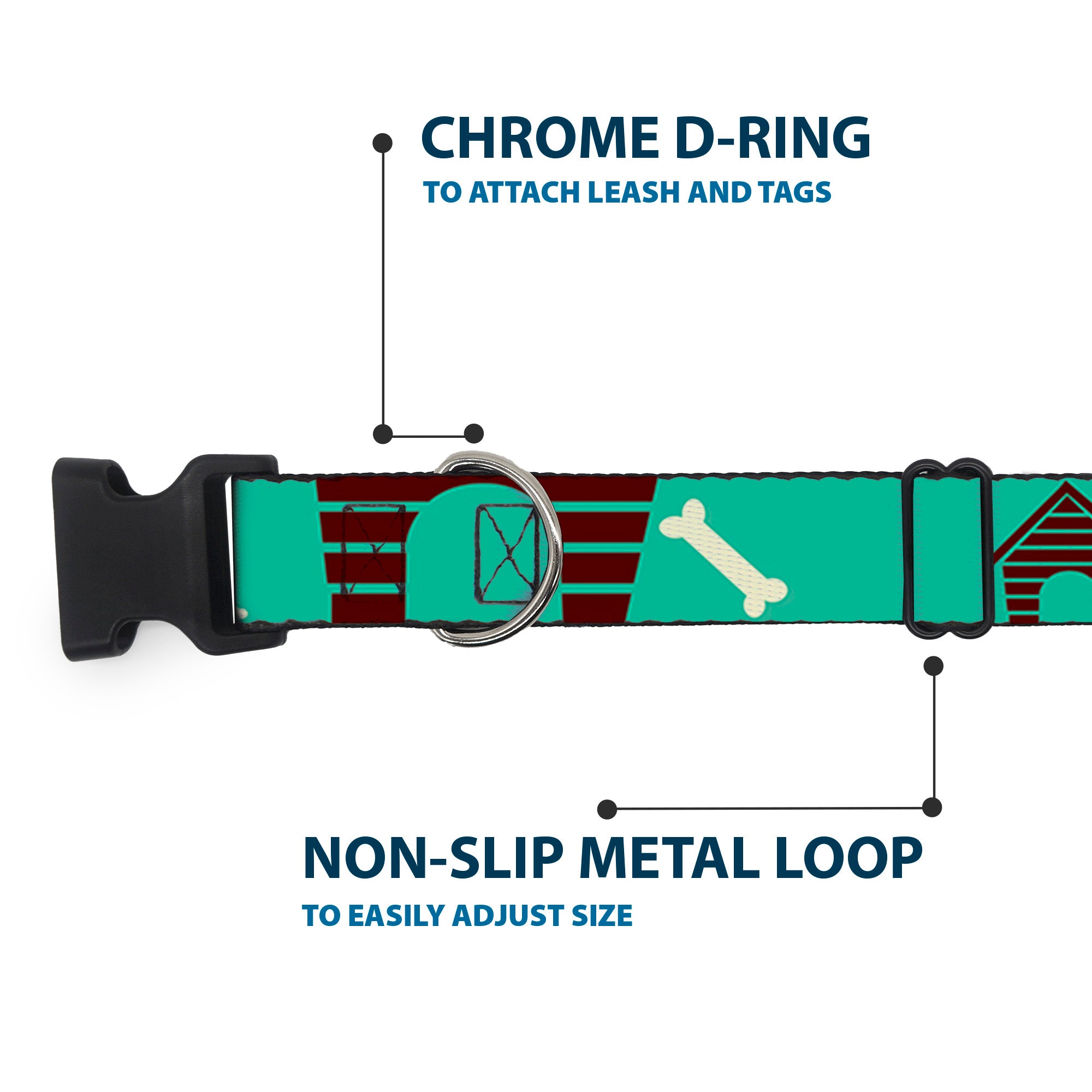 Plastic Clip Collar - Dog House & Bone Turquoise/Brown Plastic Clip Collars Buckle-Down