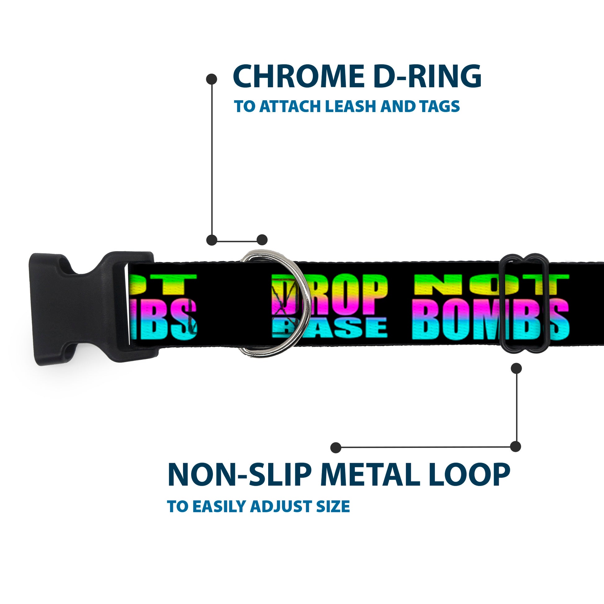 Plastic Clip Collar - DROP BASS NOT BOMBS Black/Rainbow Plastic Clip Collars Buckle-Down